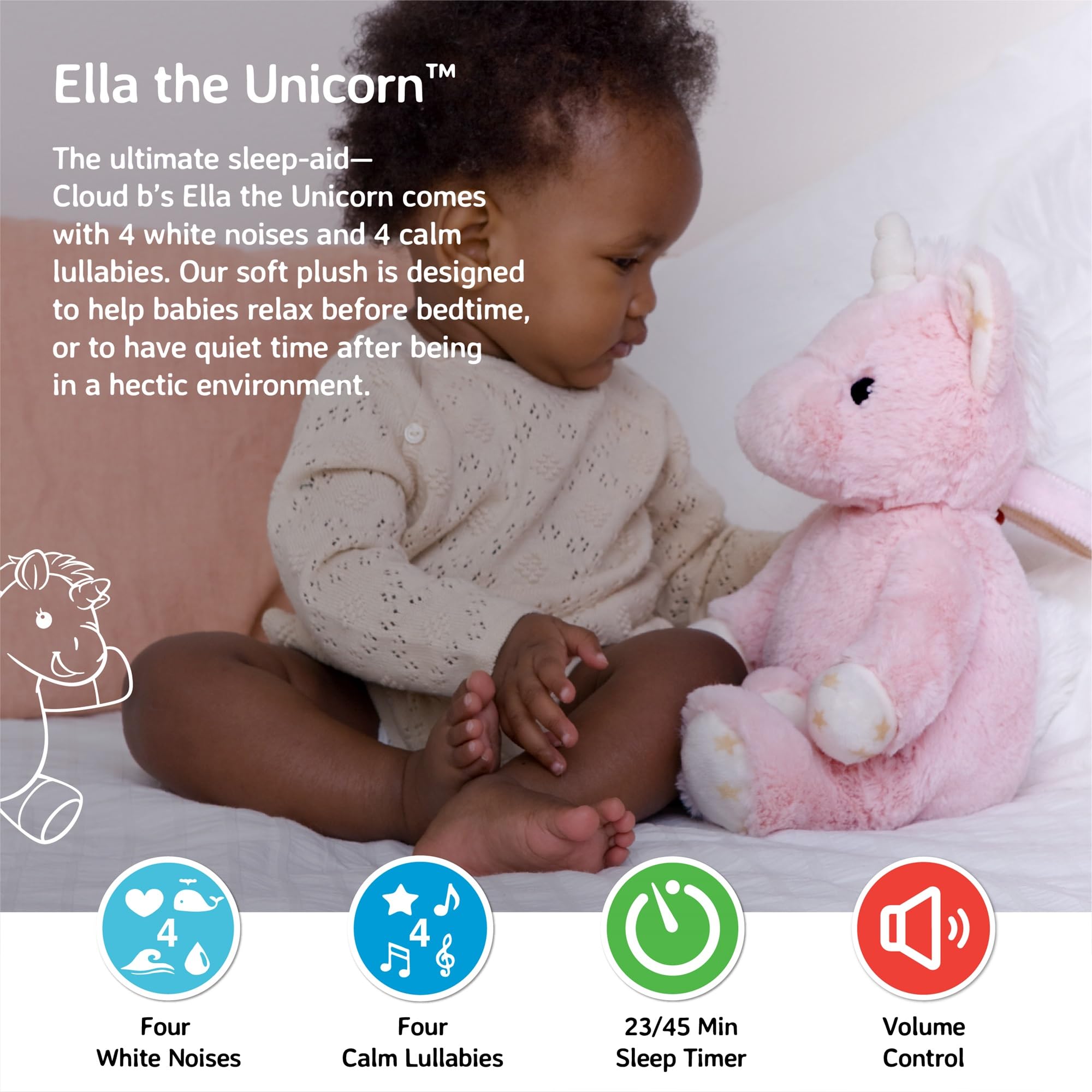 Cloud b Sound Machine with White Noise Soothing Sounds for Babies - Cuddly Stuffed Animal Unicorn Plush Toy | Adjustable Volume, Timer & Auto-Shutoff | Perfect for Nursery, Bedtime & Travel (Ella The Unicorn)
