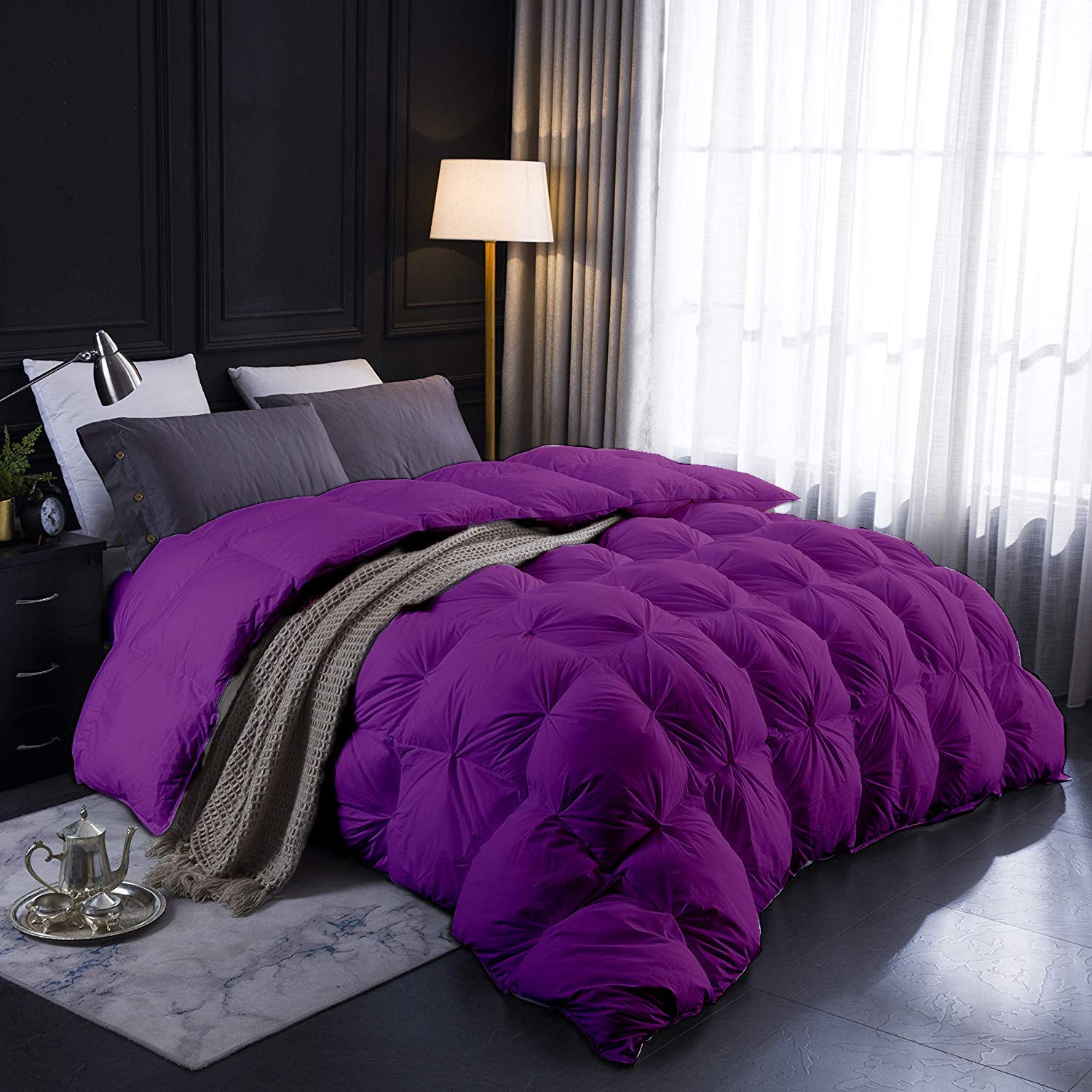 Luxury 500 GSM Pinch Pleated Comforter Set with Pillowcases - Queen/Full Size Purple Cotton Bedding (3 Piece) | Soft & Breathable Alternative to Pin Tuck Duvet for Master Bedroom, Guest Room & Dorm Decor