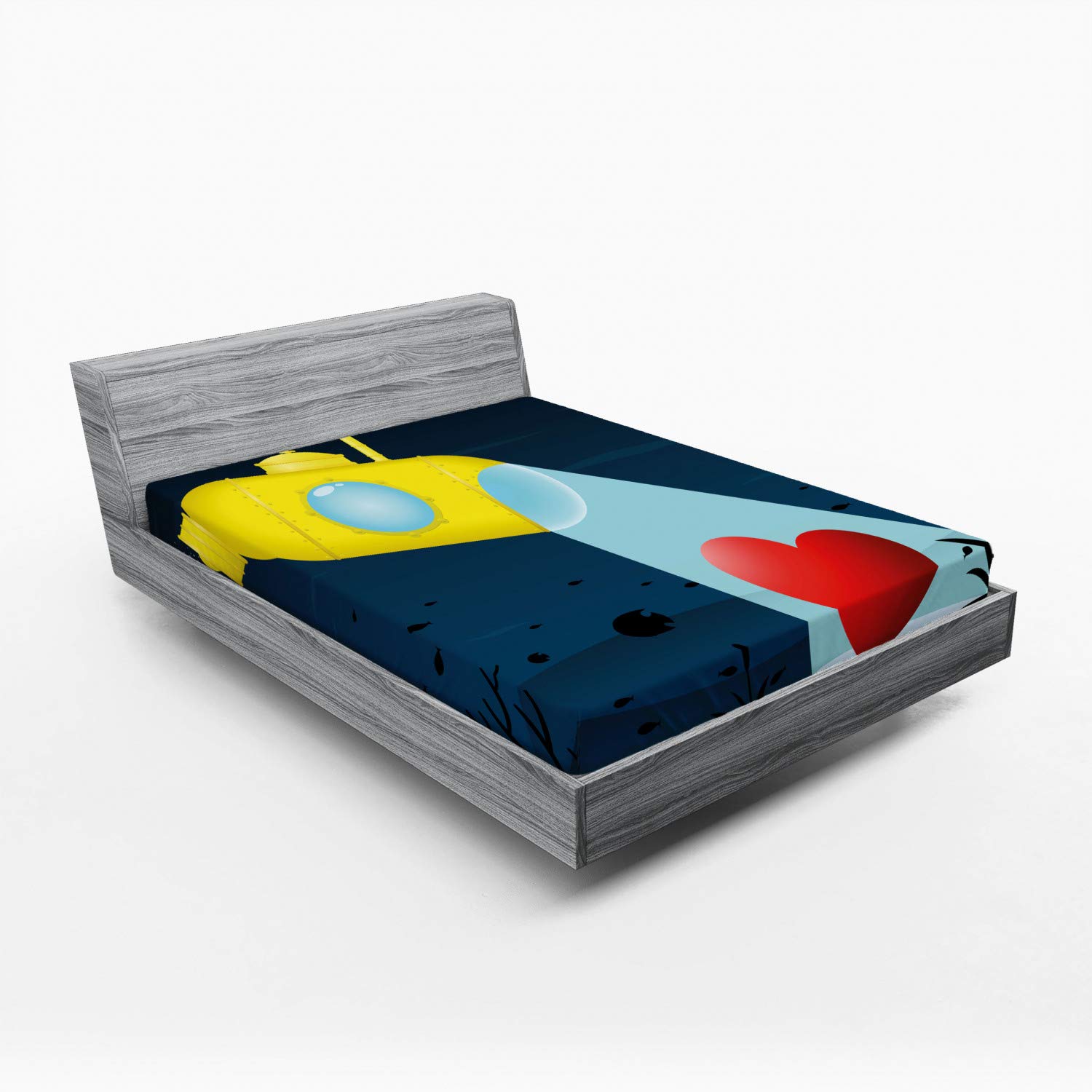 Ambesonne Yellow Submarine Fitted Sheet - Underwater Submarine & Heart Romance Design - Deep Pocket Elastic Queen Size Bed Cover in Yellow & Dark Blue | Perfect for Nautical Themed Bedrooms & Unique Gift Ideas
