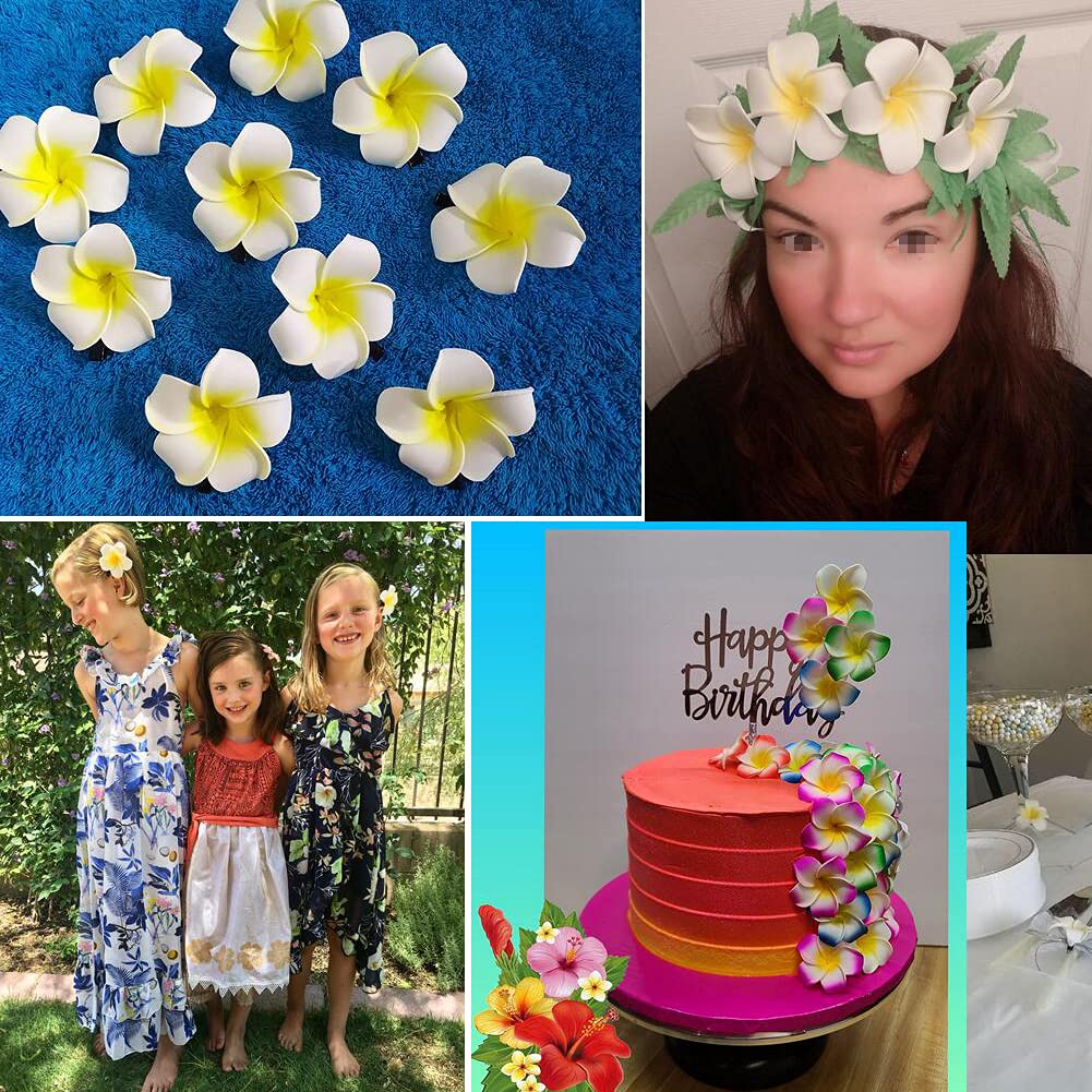 12 PCS Women's Hawaiian Plumeria Flower Hair Clips - Floral Hairpins for Beach, Wedding, Party & Vacation - Yellow Foam Hair Accessories for Summer, Bridal, Boho & Tropical Styles