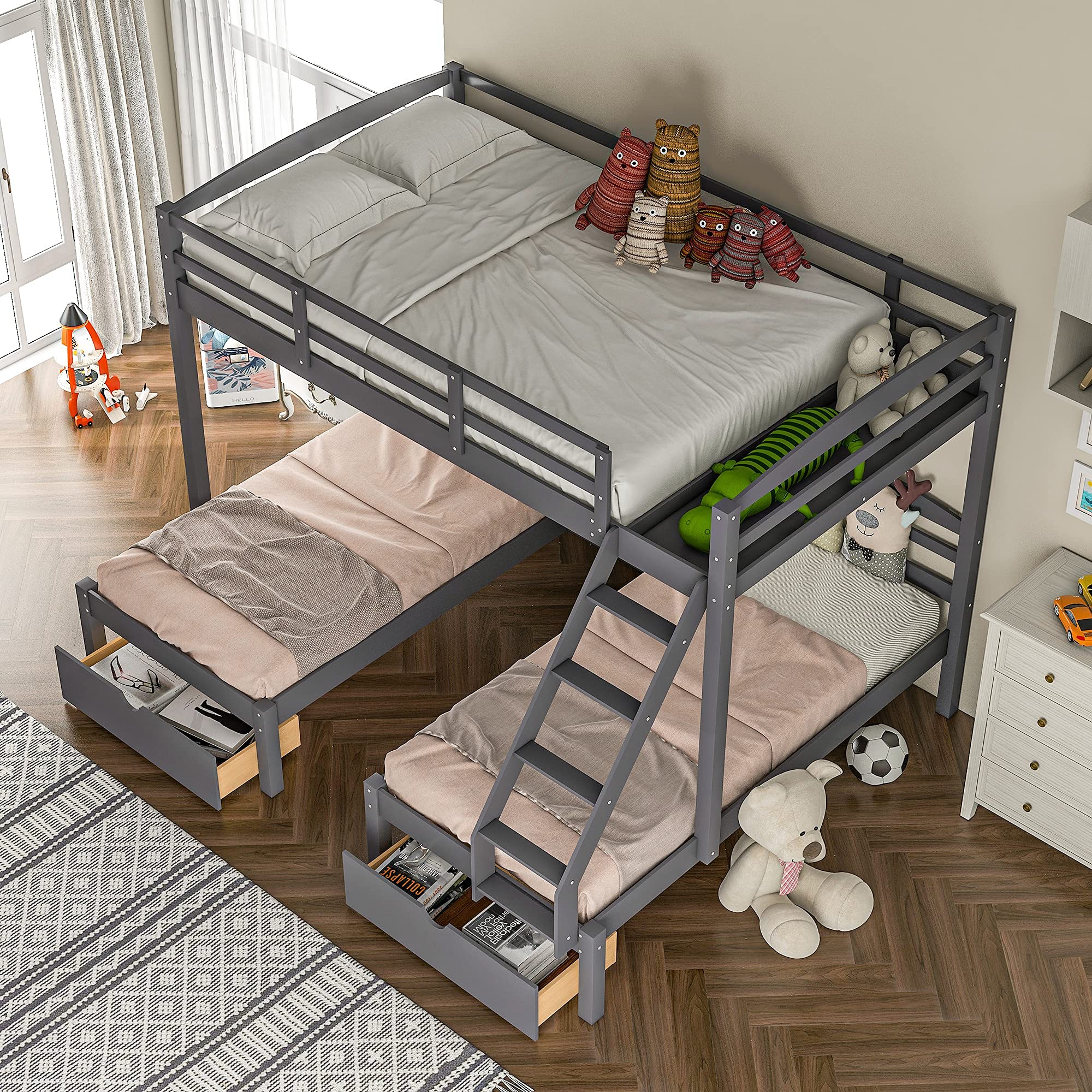 SOFTSEA Full Over Twin & Twin L-Shaped Triple Bunk Bed - 3 Beds in 1 Space-Saving Solution for Kids, Teens & Adults (Grey with Drawers) - Perfect for Small Bedrooms, Guest Rooms & Vacation Homes