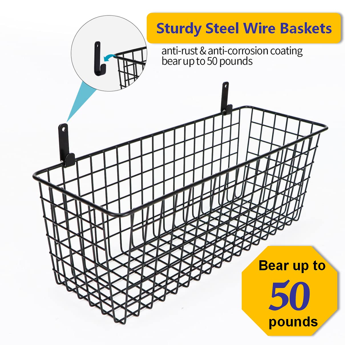 3-Pack Extra Large Hanging Wall Wire Baskets - Rustic Farmhouse Storage for Kitchen Pantry, Laundry Room, Closet & Garage Organization - Perfect for Small Space Storage in Homes, RVs and Dorm Rooms - Black