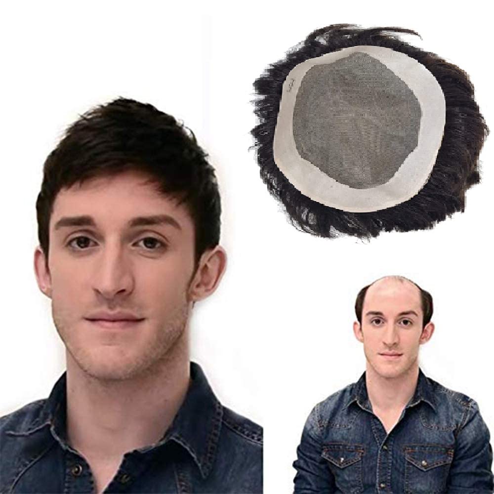 Kabello Men's Pre-Cut Human Hair Patch with Clips & Red Tape - 9x7 Inches, Black | Natural Hair Replacement for Bald Spots & Thinning Hair | Perfect for Daily Wear, Work & Social Events