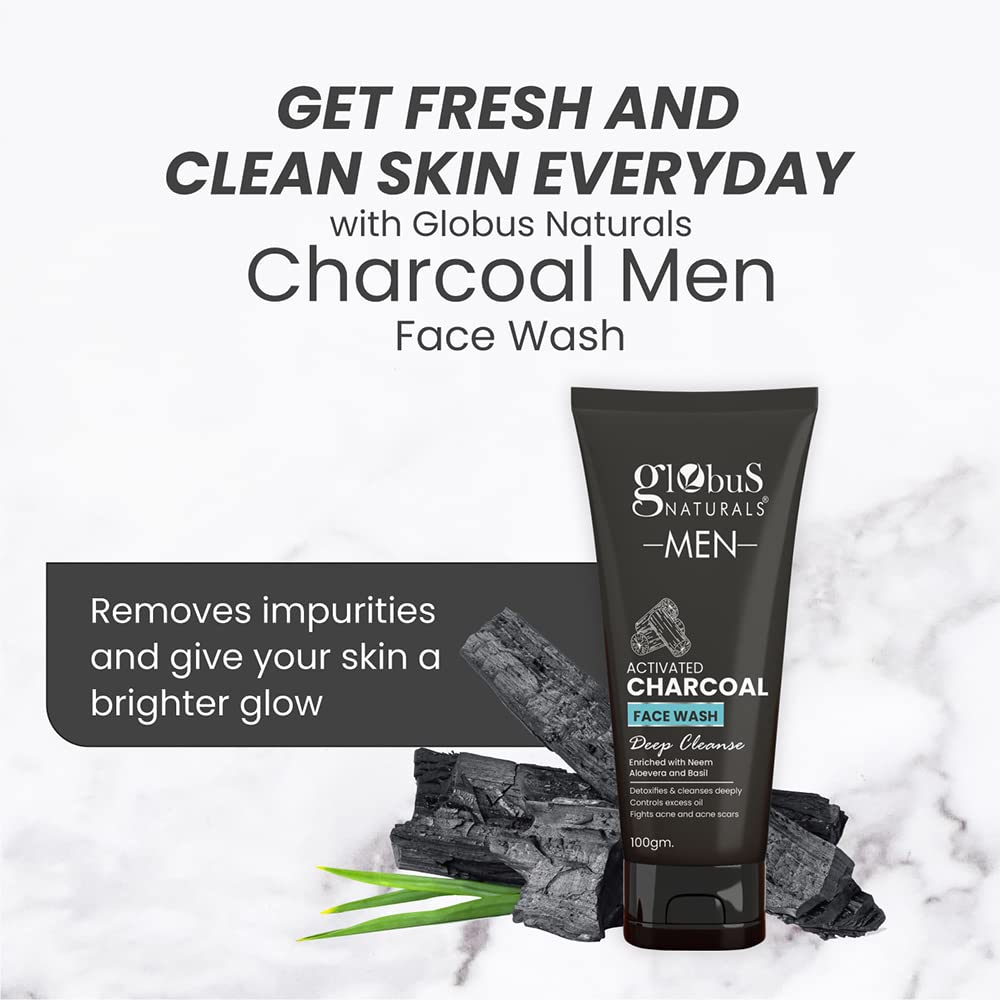 Globus Naturals Charcoal Anti-Pollution Face Care Combo for Men - 3-Piece Set with Face Wash, Scrub & Peel Off Mask | Deep Cleansing & Detoxifying Skincare Routine for Oily & Acne-Prone Skin