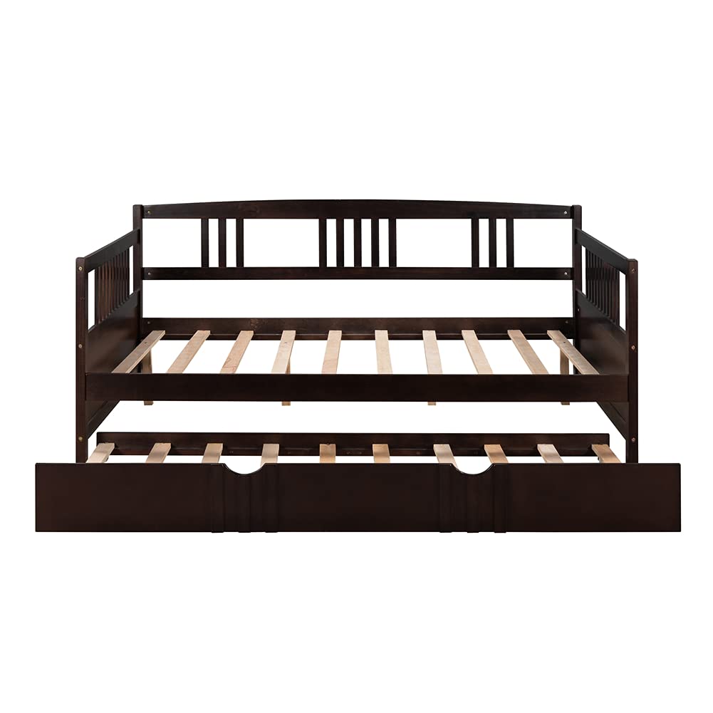Kids Daybed Sofa Bed with Pull-Out Trundle - Pinewood Frame with Guardrails & Wood Slats - Full Size Espresso Finish - Perfect for Sleepovers, Guest Rooms & Small Spaces