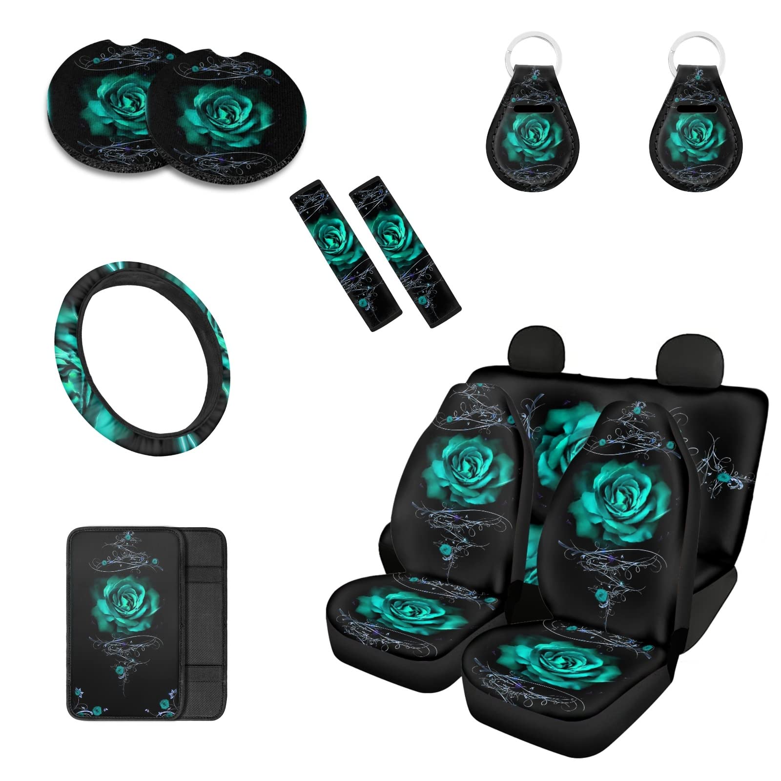 Howilath Green Rose Floral Car Seat Covers Full Set - 12pcs with Center Console & Steering Wheel Cover for Women & Men | Stylish Interior Upgrade for Sedans, SUVs & Trucks