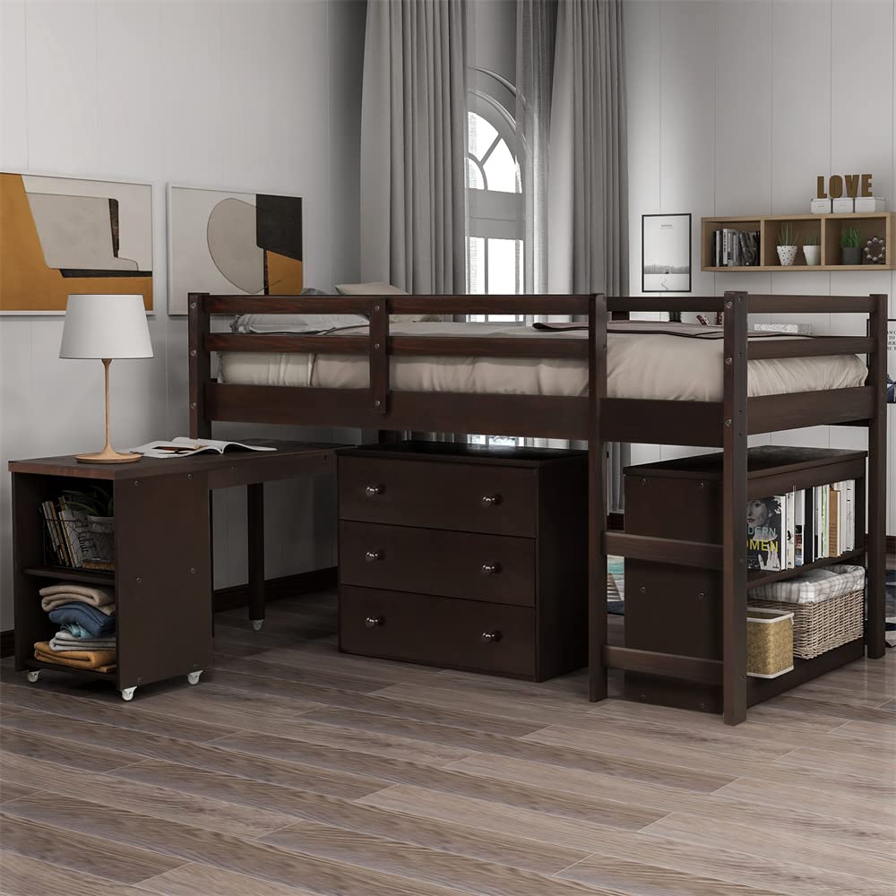 Low Loft Bed with Bookshelf, Storage Cabinet & Rolling Desk - Twin Size Wood Frame with Safety Guardrails & Ladder - Multifunctional Space-Saving Loft Bed for Teens & Small Rooms - No Box Spring Needed - Espresso Finish - Perfect for Dorm Rooms, Studio Apartments & Kids' Bedrooms
