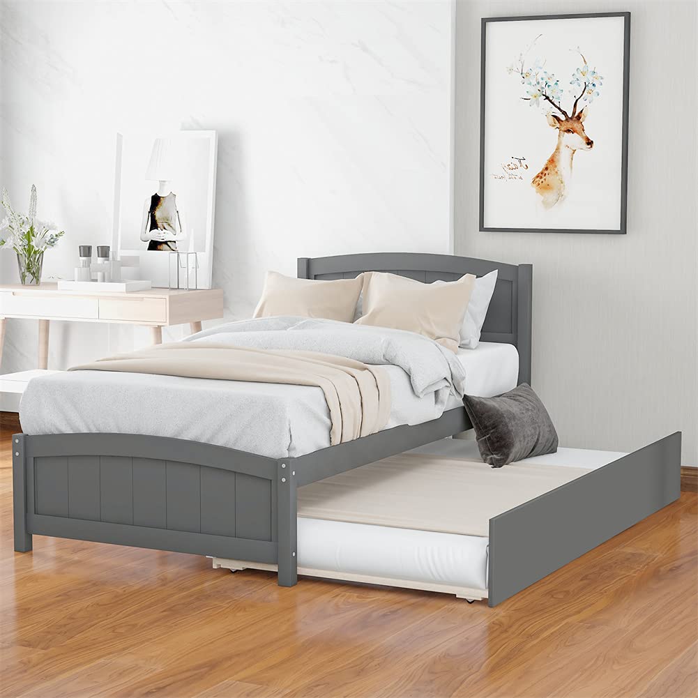 Twin Size Wood Platform Bed with Trundle, Headboard & Footboard - Easy Assembly Gray Wooden Bed Frame | Perfect for Kids Rooms, Guest Bedrooms & Small Spaces