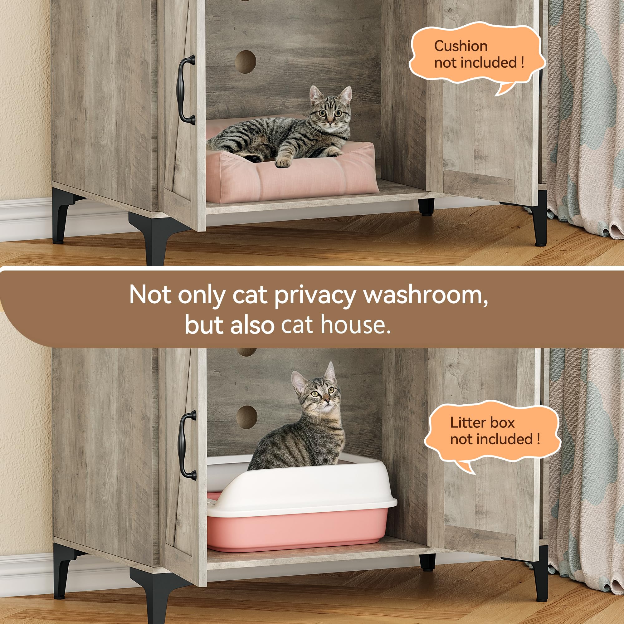 IDEALHOUSE Wooden Cat Litter Box Enclosure with Shelves & Doors - Sturdy Hidden Litter Box Furniture Cabinet for Indoor Cats - Grey | Perfect for Small Spaces & Home Decor