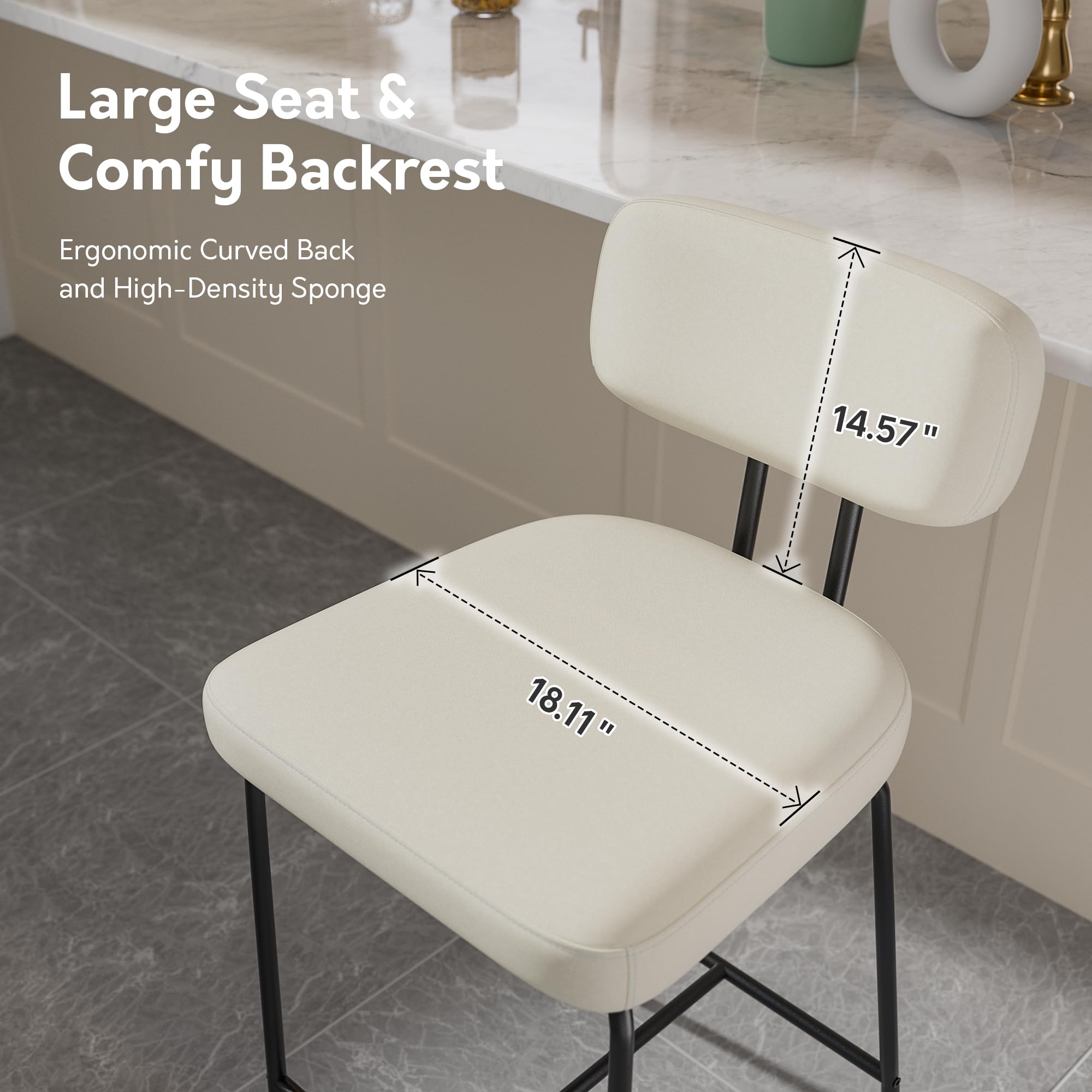 Set of 2 White Fabric Counter Height Bar Stools 26