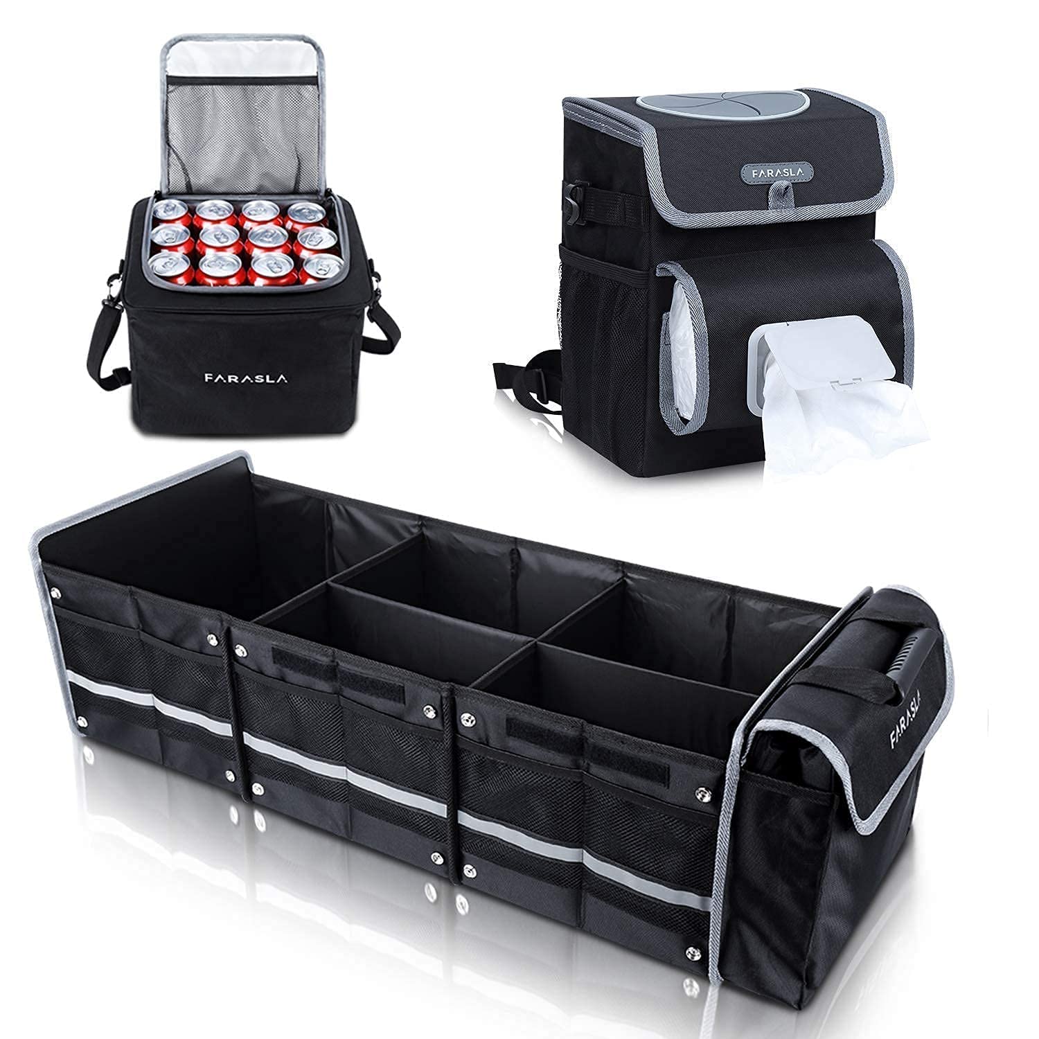 Farasla Waterproof Trunk Organizer with Leakproof Cooler Bag & Car Trash Can - Car Storage Solution for Travel, Camping & Road Trips