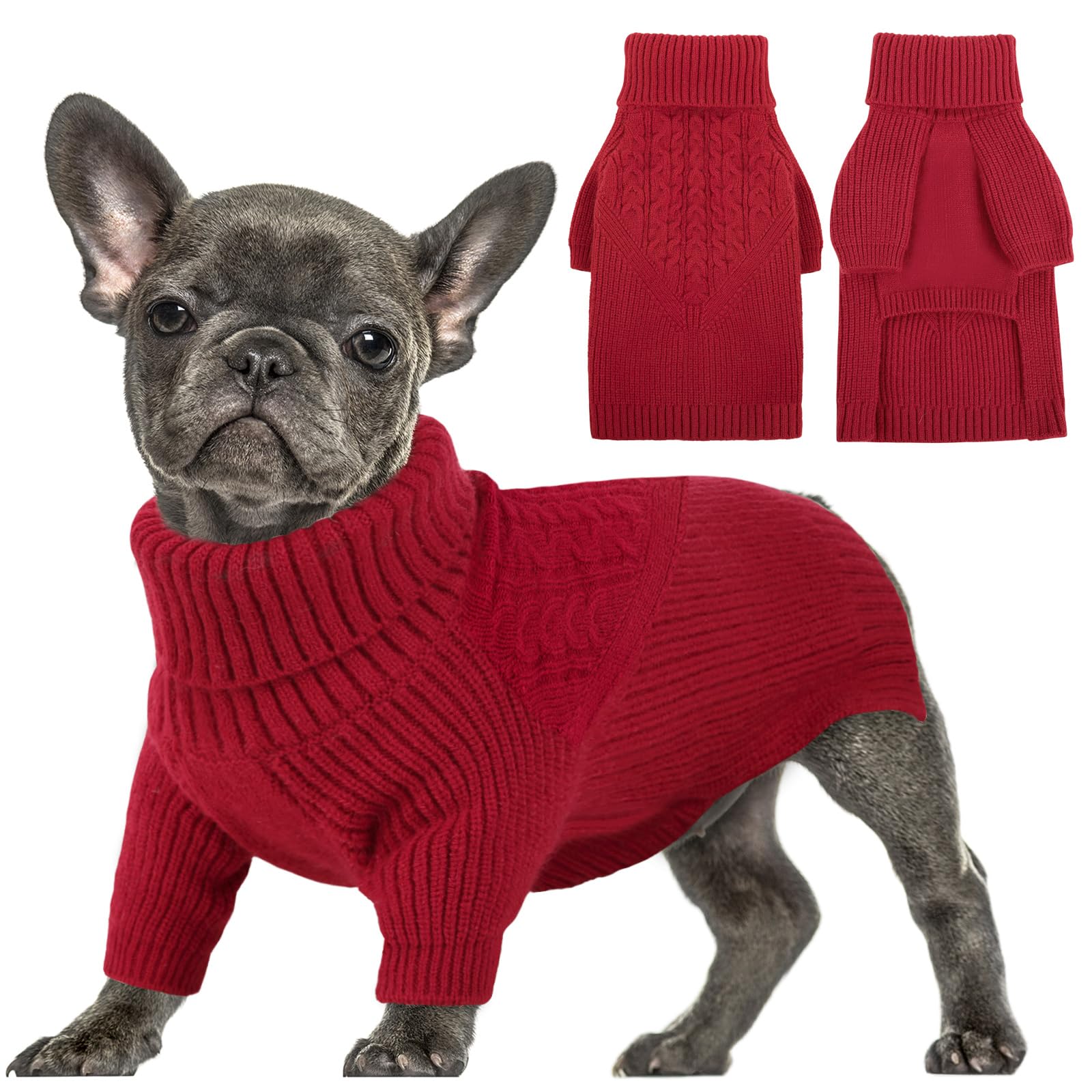 Queenmore Dog Sweater - Warm Winter Knit Puppy Sweater for Small to Large Dogs, Turtleneck Long Sleeve Christmas Sweater in Red (XS) - Cozy Outfit for Fall/Winter Walks, Holiday Photos & Indoor Comfort