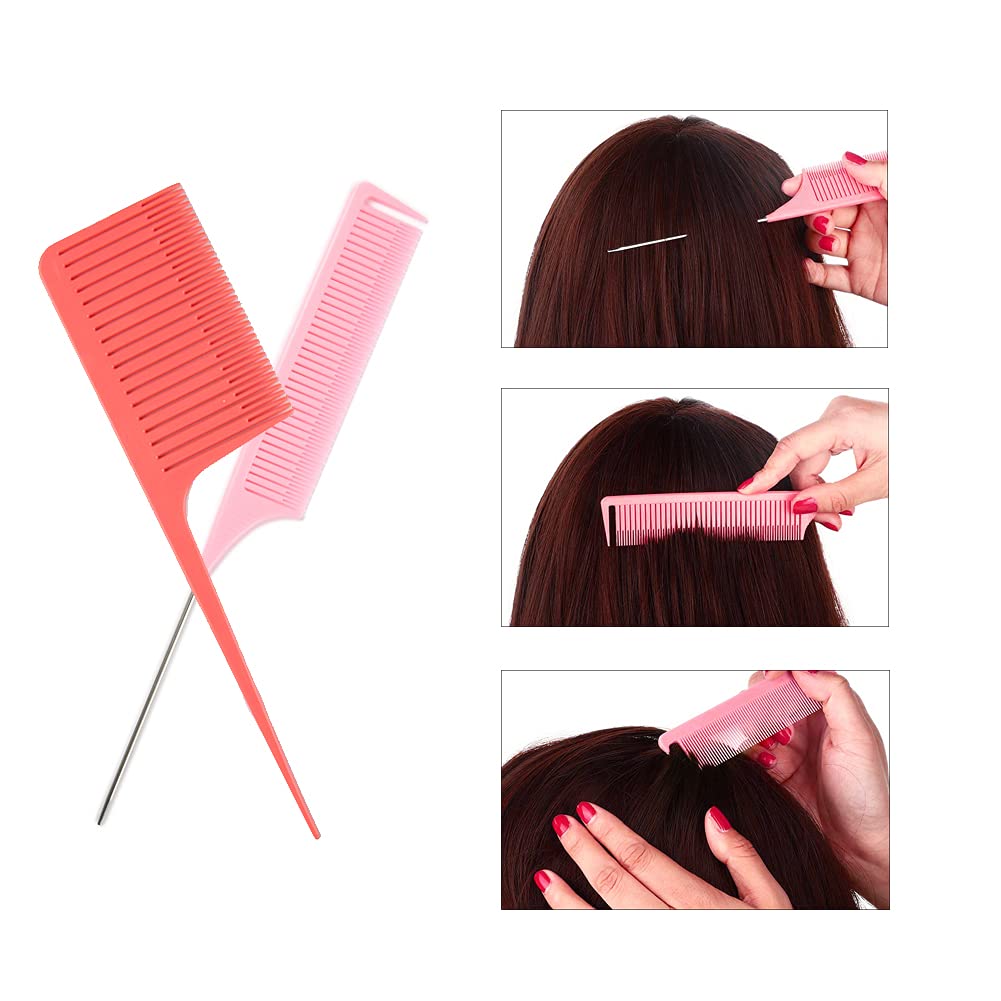 Professional Metal Rat Tail Teasing Comb - 4 Pcs Hair Styling & Highlighting Combs for Barber, Home Hairstylist & Weaving | Perfect for Salon, DIY Hair Dyeing & Foiling Techniques (Red)