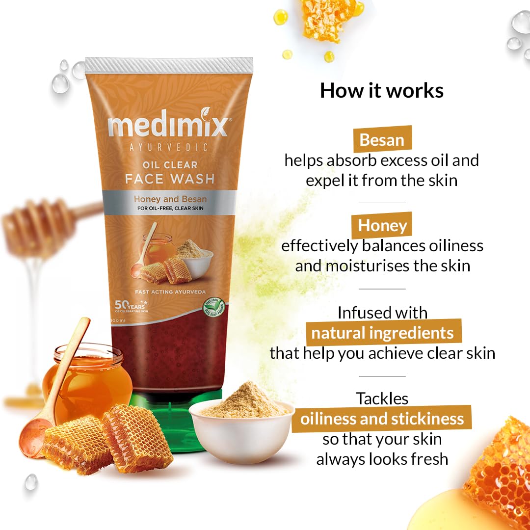 Medimix Ayurvedic Oil Clear Face Wash with Honey & Besan - 100ml (Pack of 2) for Youthful & Glowing Skin | Gentle Cleansing for Daily Skincare Routine