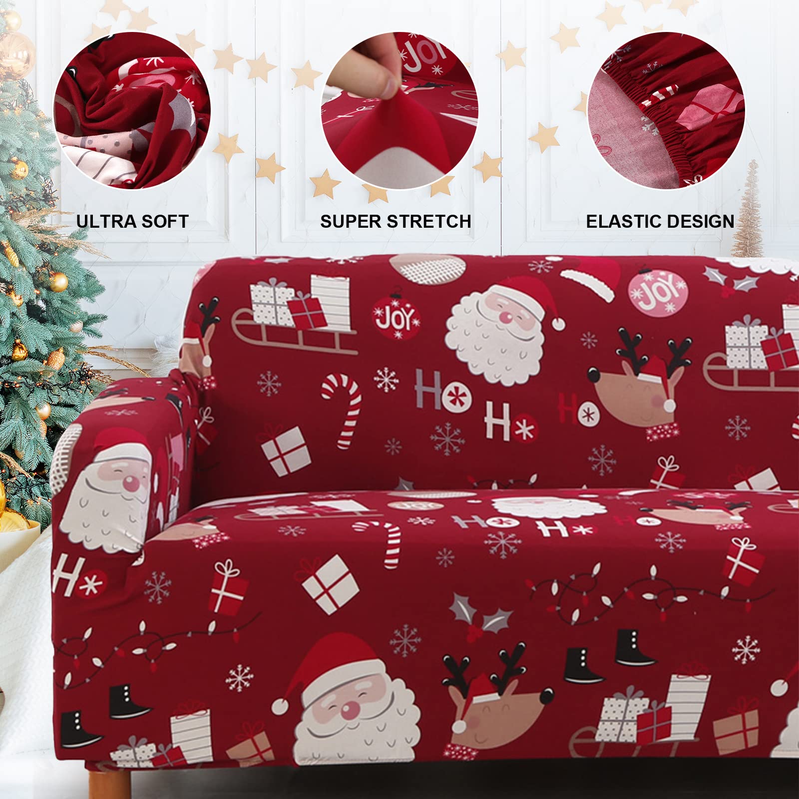 MyBedsoul Santa Claus Printed Christmas Sofa Cover - Washable Elastic Furniture Protector for 3-Seater Couch, Xmas Home Decor & Room Festival Decoration (Perfect for Holiday Gatherings & Cozy Winter Evenings)