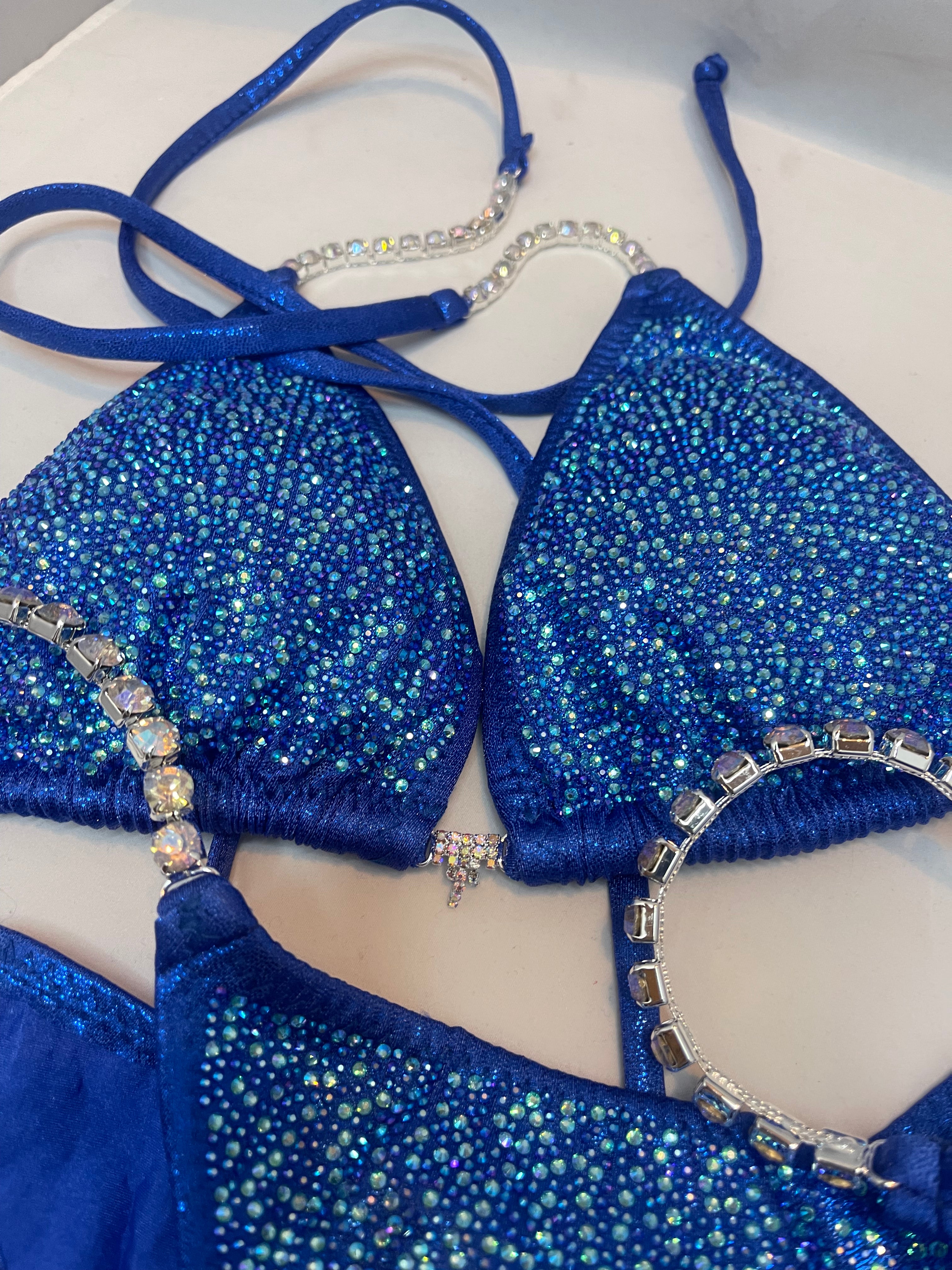 CS834 Royal Blue Multi-Color Rhinestone Competition Bikini - Sparkling Swimsuit for Pageants, Beach & Pool Parties