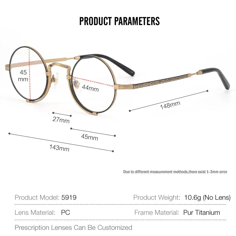 Aror Unisex Full Rim Round Titanium Eyeglasses Frame 45919 - Lightweight & Durable Glasses for Men & Women - Perfect for Reading, Work, and Everyday Use