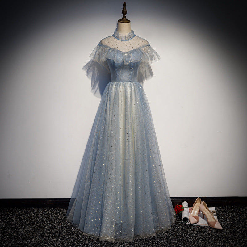 Elegant Off Shoulder A-Line Tulle Prom Dress - Shiny Blue Formal Evening Gown for Homecoming, Wedding & Special Occasions | Size 225