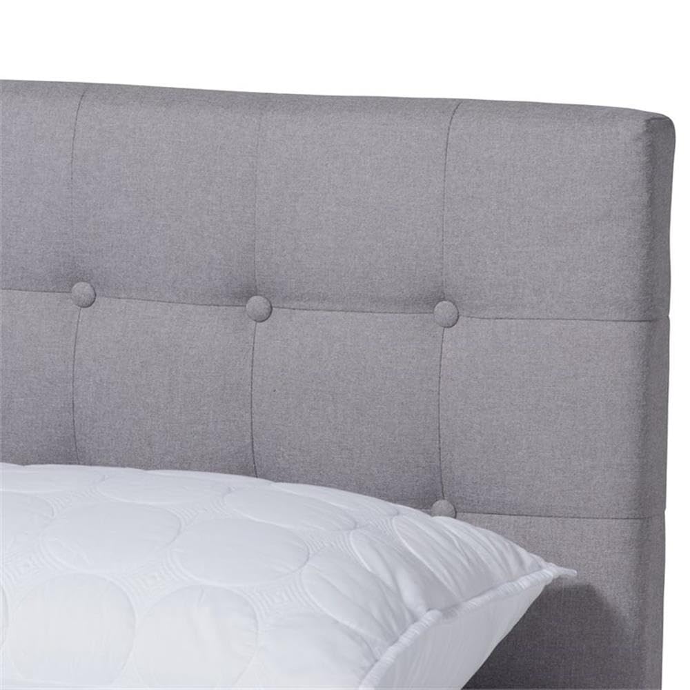 BOWERY HILL Mid-Century Modern Fabric Queen Size Platform Bed Frame - Light Gray/Walnut Finish - Sturdy Wood Slat Support - Perfect for Contemporary Bedrooms & Guest Rooms