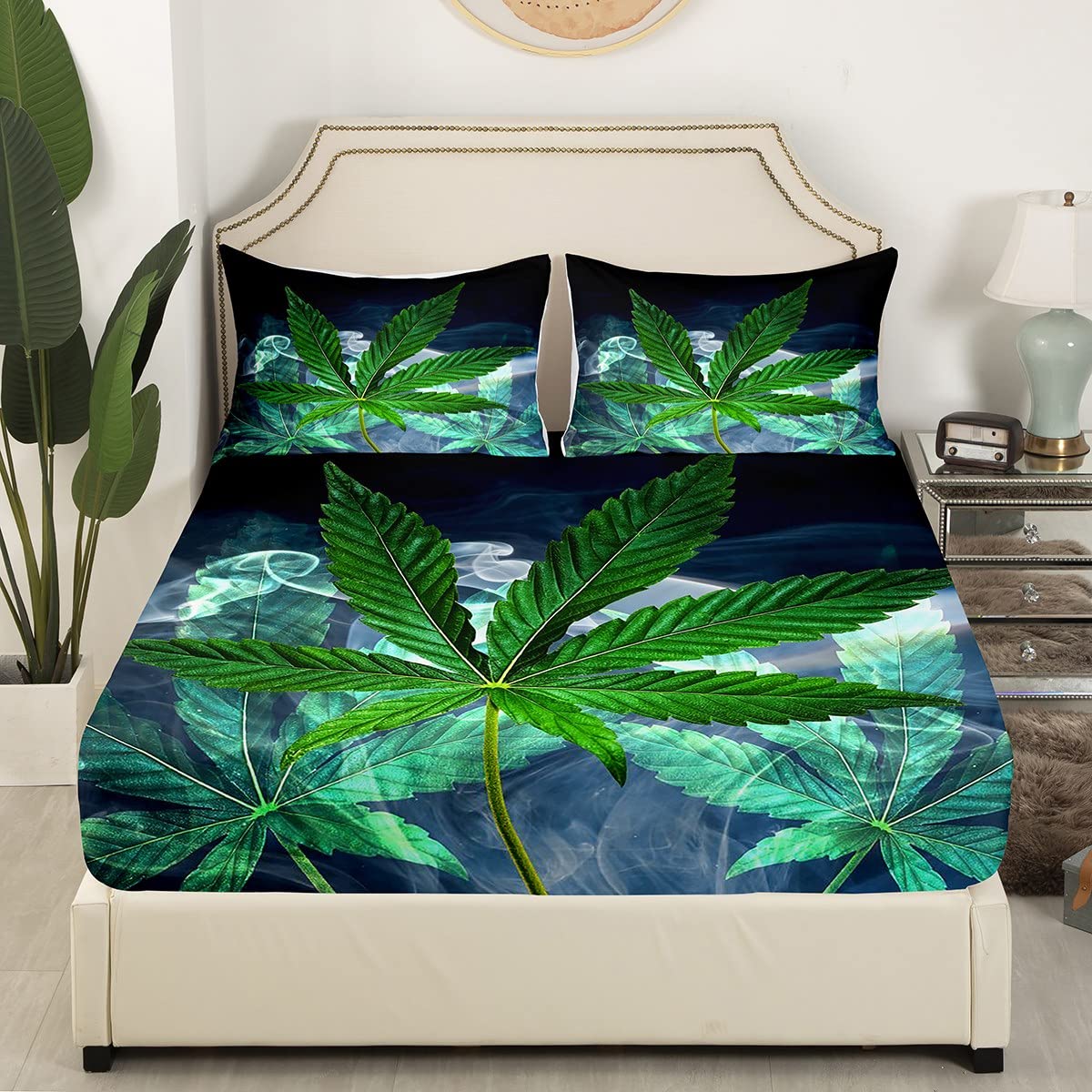 Organic Cannabis Leaf Printed Queen Size Bed Sheet Set - Soft 100% Cotton 4-Piece (1 Fitted Sheet + 1 Flat Sheet + 2 Pillowcases) for Adults & Teens - Exotic Botanical Marijuana Weed Design - Perfect for Dorm Rooms, Hippie Decor & Stoner Lifestyle