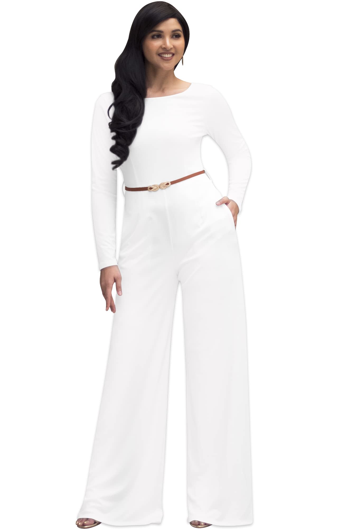 KOH KOH Women's Long Sleeve Wide Leg Belted Jumpsuit - Elegant Formal Cocktail Party Outfit for Weddings, Evening Events & Special Occasions