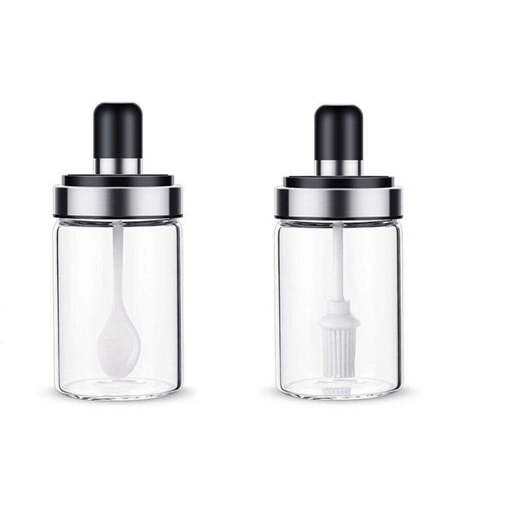 Borosilicate Glass Food Storage Jars with Spoon & Olive Oil Bottle with Brush - Airtight Spice Salt Sugar Condiment Containers for Kitchen & Restaurants - 250ml Transparent Glass Jars - Perfect for Pantry Organization, Meal Prep & Gourmet Cooking