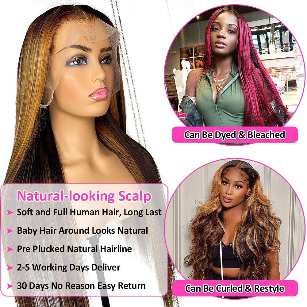 Subella HD Transparent Highlight Lace Front Wigs 18inch Brazilian Human Hair for Black Women - 180% Density 4/27 Straight Pre Plucked Hairline with Baby Hair - Perfect for Daily Wear, Parties & Special Occasions