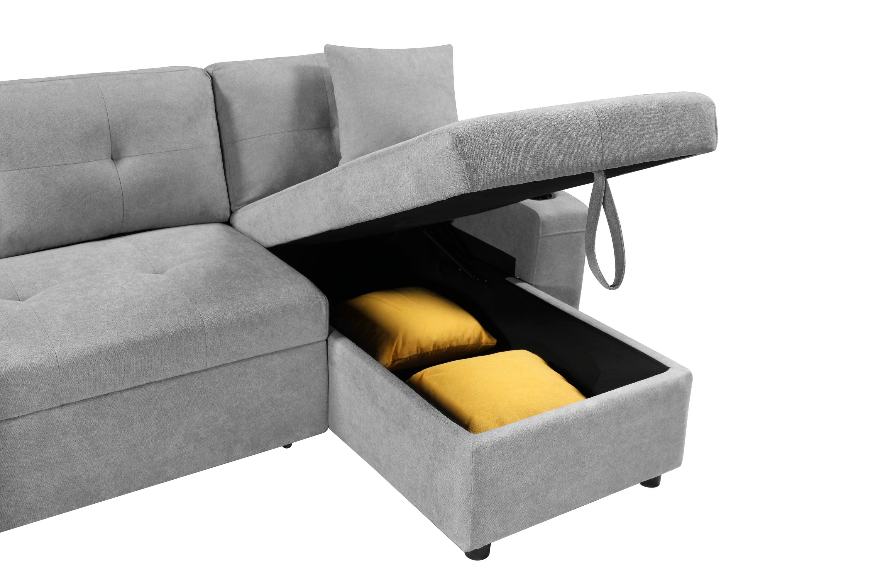 Convertible Corner Sofa with Armrest Storage - Modern Sectional Sofa for Living Room & Apartment, Right Chaise Longue in Grey - Perfect for Small Spaces, Movie Nights & Family Gatherings