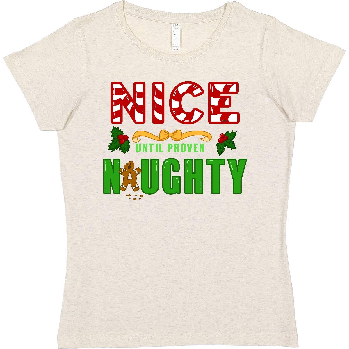 Inktastic Nice Until Proven Naughty with Holly and Gingerbread Women's T-Shirt - Christmas Holiday Gift for Her, Casual Wear, Party Outfit