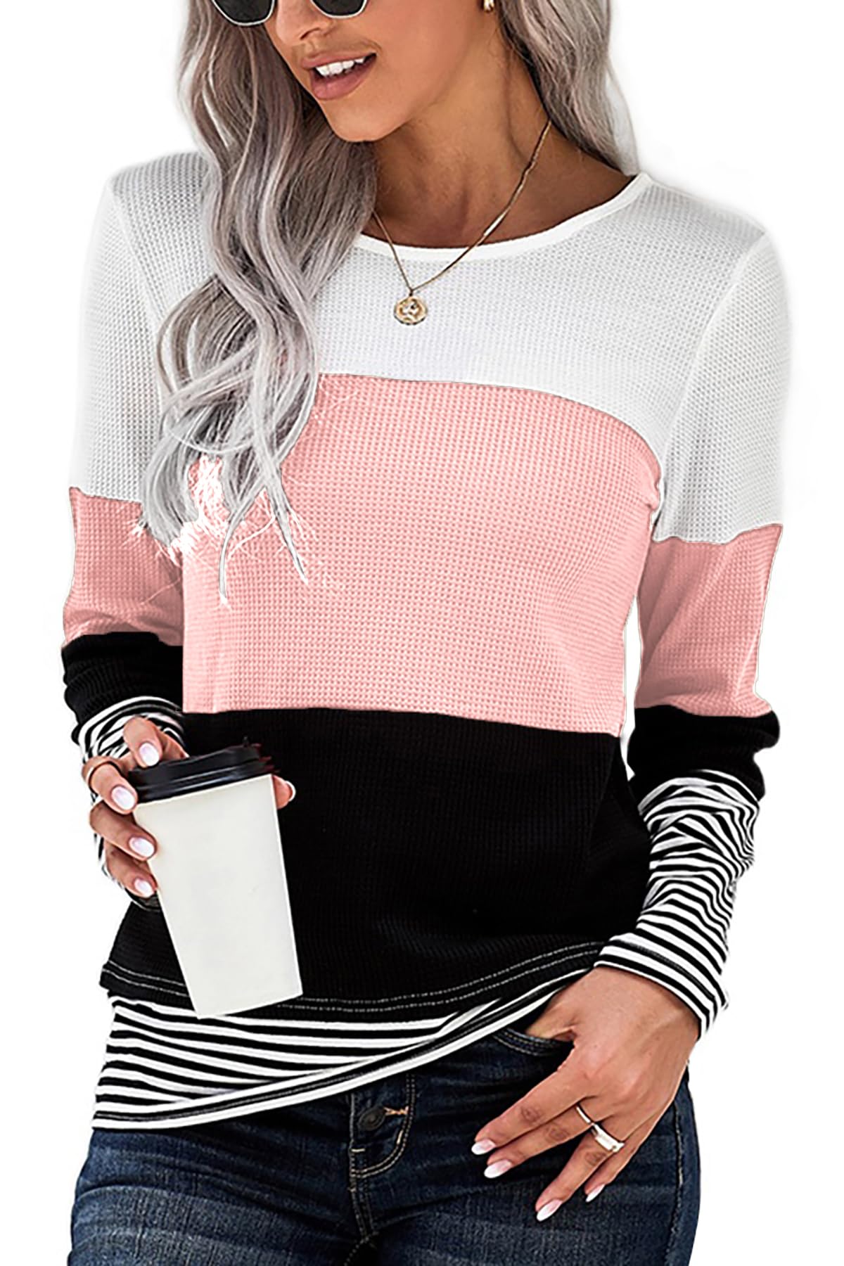 Trendy Women's Long Sleeve Color Block T-Shirts - Stylish Casual & Work Blouses for Everyday Wear, Office, and Date Nights