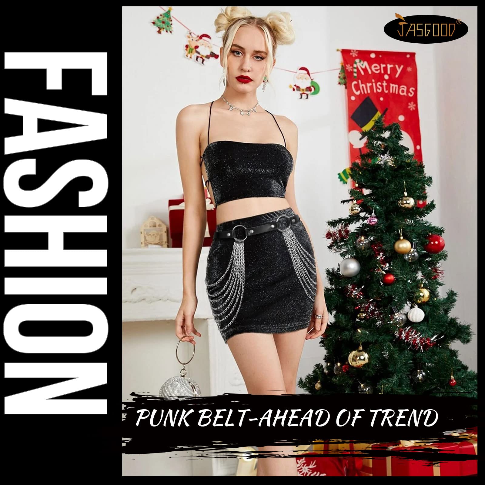 JASGOO Punk Waist Chain Belt - Black Leather Layered Belly Body Chain for Women | Gothic Fashion Accessory for Nightclub, Rave, Music Festival & Costume Party