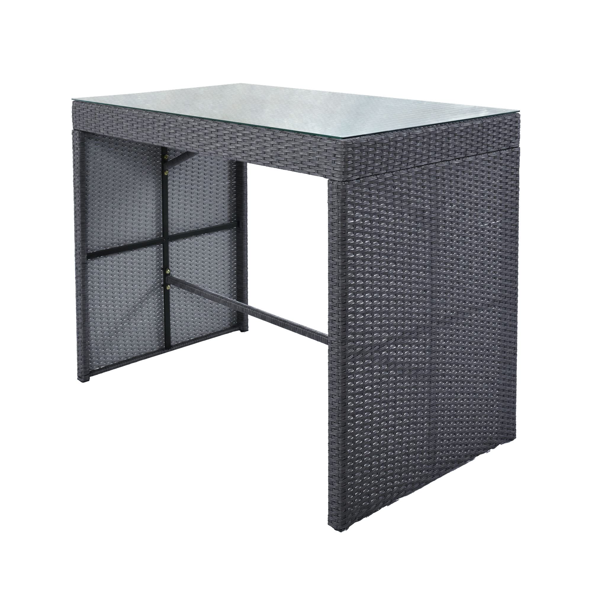 5-Piece Rattan Outdoor Patio Furniture Set with 4 Stools & Gray Cushions - Wicker Bar Dining Table for Backyard, Garden, Poolside or Balcony