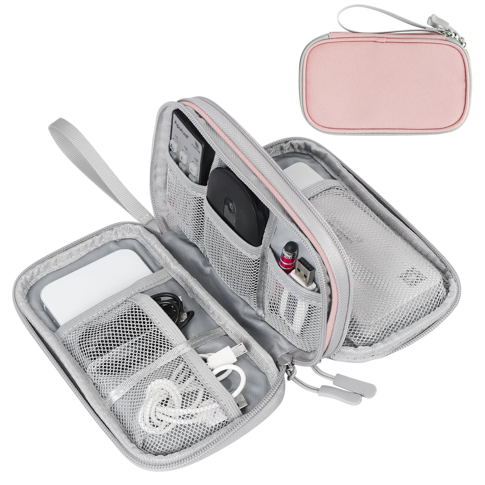 FYY Electronic Organizer Bag - Waterproof Travel Cable Organizer Pouch with Double Layers for Phone, Earphones, Chargers & Cords - Large Size Light Pink | Perfect for Travel, Office & Home Storage