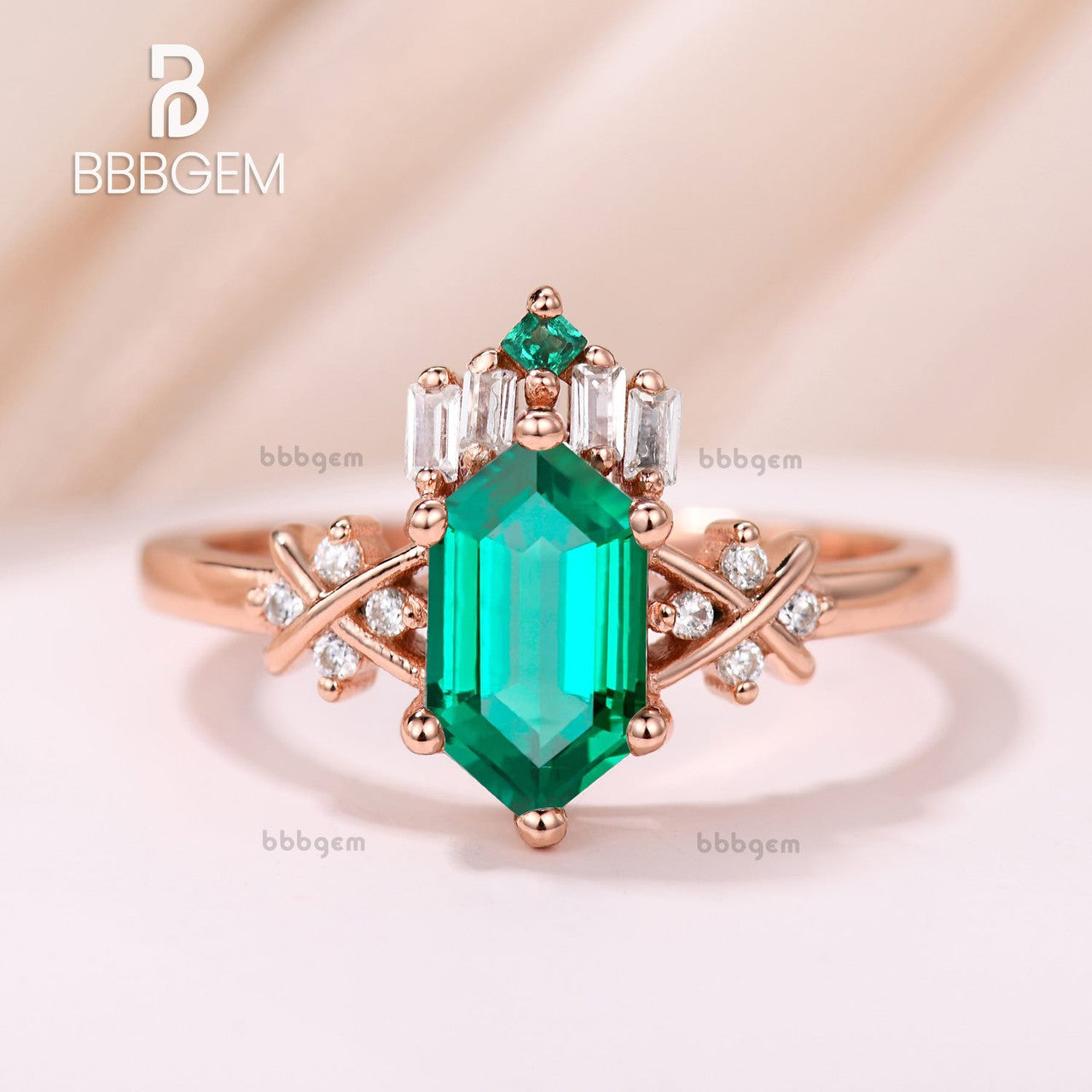 Unique Vintage Hexagon Cut Lab Emerald 14K Rose Gold Diamond Engagement Ring for Women – Perfect for Weddings, Anniversaries & Special Occasions