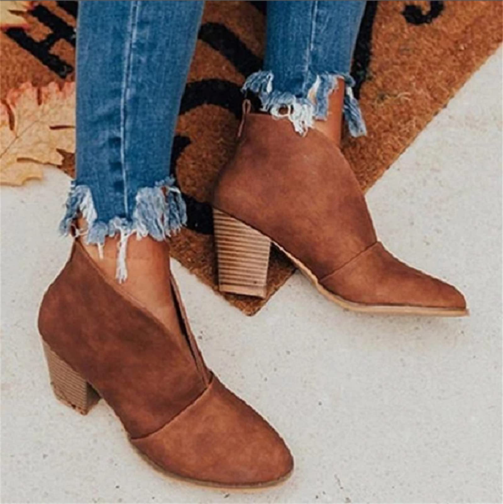 Lausiuoe Women's Ankle Booties - Sexy Low Heel Cut Out Chunky Block Heel Slip On Boots for Casual & Dressy Outfits | Perfect for Office, Date Night & Fall Fashion