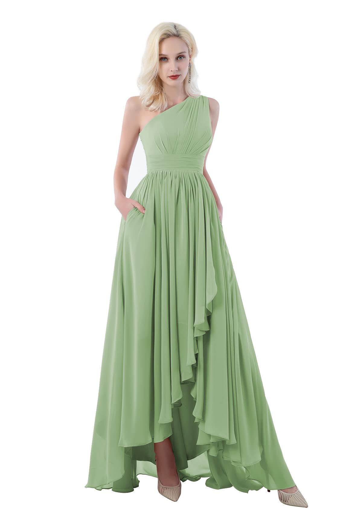 BONOYUER Elegant One Shoulder Bridesmaid Dress with Pockets - Women's Ruched Chiffon Formal Gown for Evening Party, Prom & Wedding - Perfect for Bridesmaids, Cocktail Events & Special Occasions
