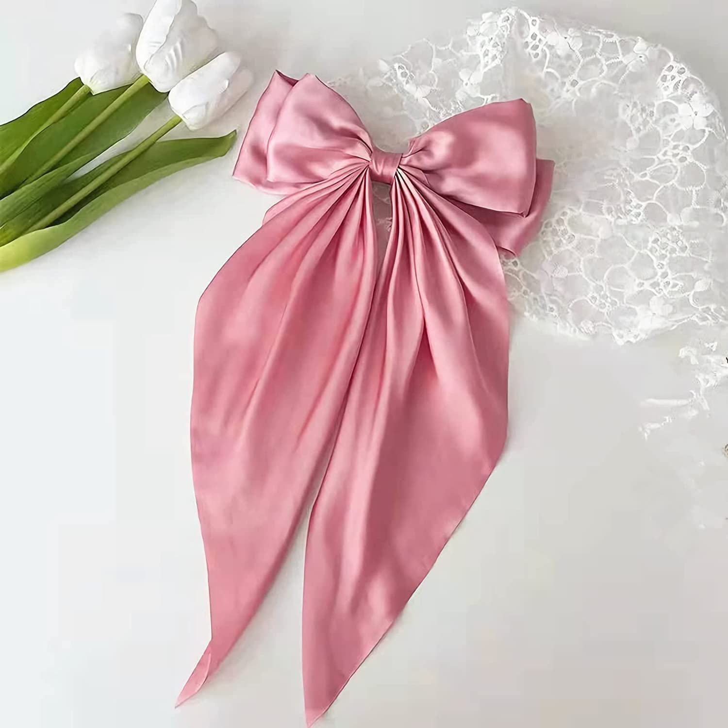 Ginoya Brothers Silky Satin Hair Barrettes for Women - Large Bow Hair Clips, Metal Hair Slides, Soft Plain Color Bow Knot Hairpins (Baby Pink) | Perfect for Weddings, Parties, and Everyday Hair Styling