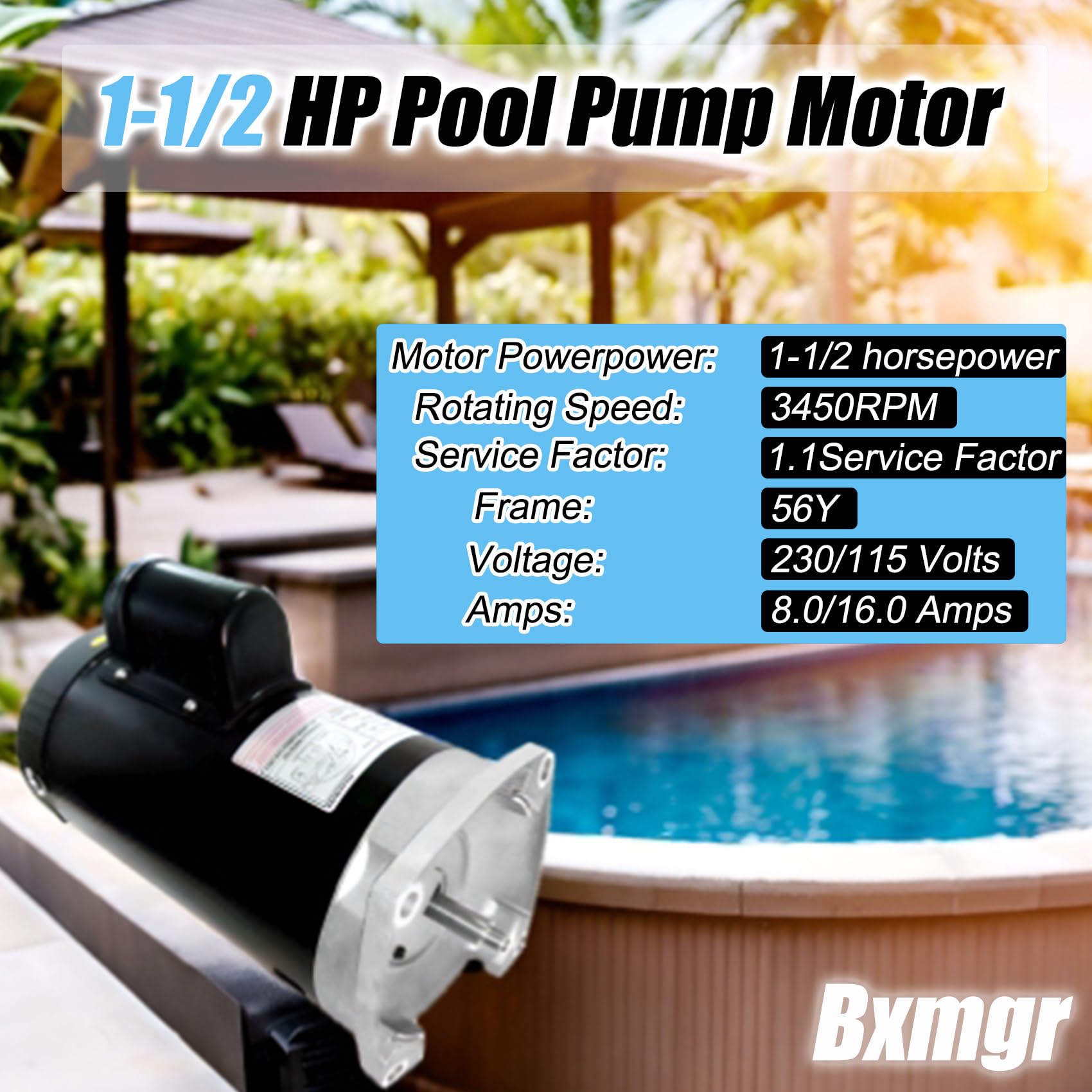 B2854 1.5 HP Pool Pump Motor - Compatible with Century/Smith Pumps | Square Flange, 3450 RPM, 230/115V, 8.0/16.0A, 56Y Frame, PSC, ODP Housing, 1.1 SF | 3-Year Warranty | Ideal for Inground & Above Ground Pool Maintenance