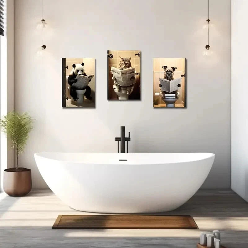 3-Piece Metal Wall Art Set - Cute Panda, Dog & Cat Sitting on Toilet - Ready to Hang Home Decor for Bathroom, Living Room & Office
