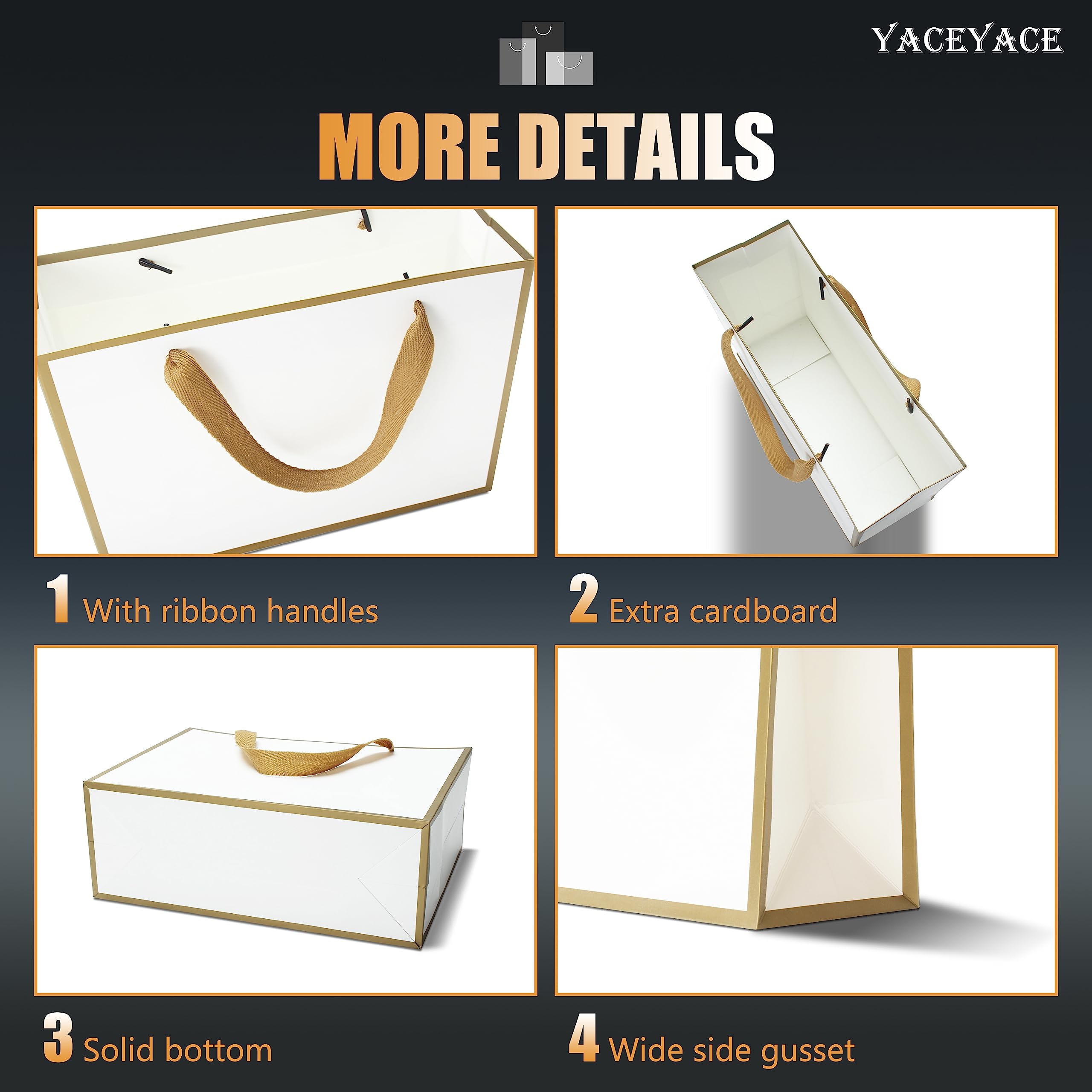 YACEYACE 10Pcs Medium White Gift Bags with Gold Frame & Ribbon Handles - 10.5x4x8 Inches Bulk Party Favor Bags for Birthday, Baby Shower, Wedding, Retail Boutique & Holiday Gift Wrapping