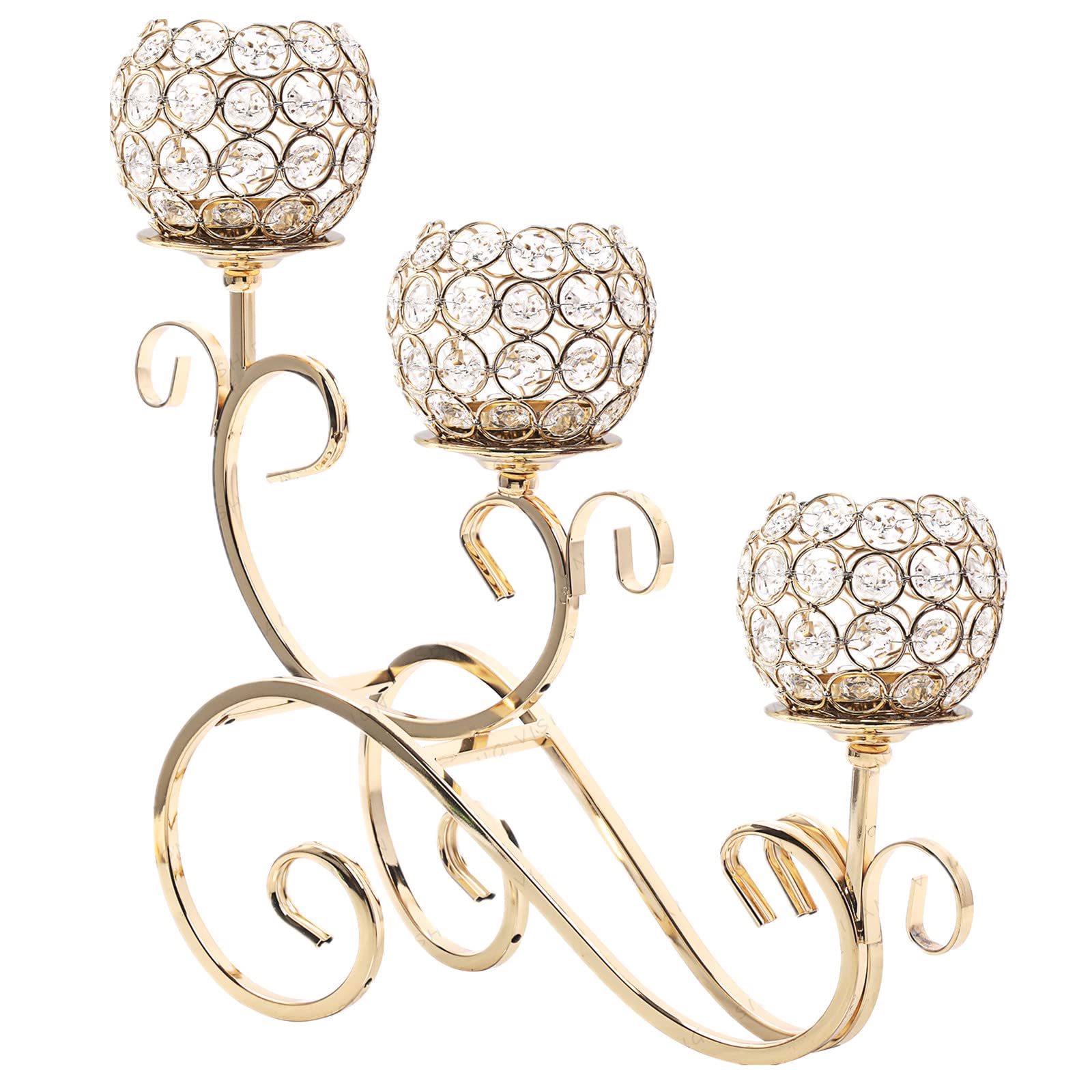 3 Wick Gold Crystal Beaded Candle Holder - Elegant Tea Light Candelabra for Wedding, Dining Table Centerpiece Decor - Perfect for Romantic Dinners, Holiday Parties & Home Decor