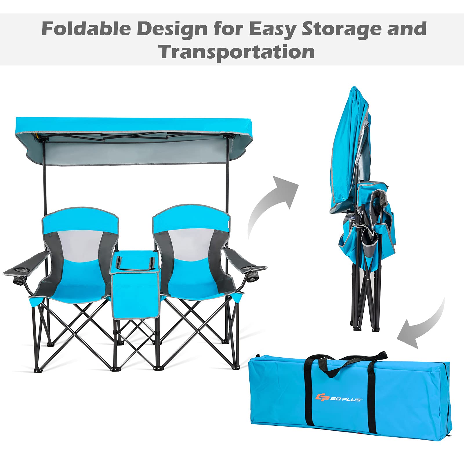Goplus Double Beach Chair with Canopy Shade - Portable Folding Lawn & Camping Chair with Sunshade, Mini Table, Beverage Holder & Carrying Bag - Perfect for Outdoor Travel, Hiking, Fishing, Poolside Relaxation (Blue)