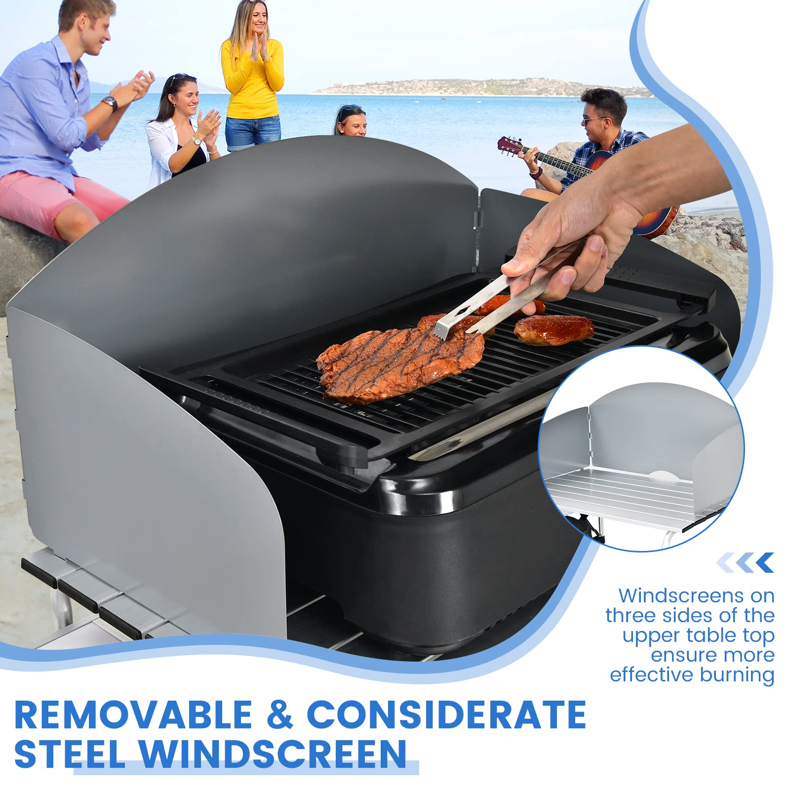 Tangkula 2-Tier Aluminum Folding Camping Table with Windscreen - Portable Outdoor Cooking Station with Storage Shelves & Carry Bag - Perfect for Camping, Picnics, BBQs, Beach Parties & Tailgating