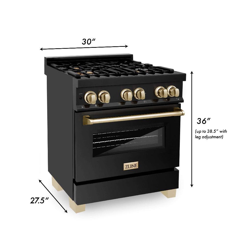 ZLINE Autograph Edition 30-inch Black Stainless Steel Dual Fuel Range with Range Hood & Dishwasher - Kitchen Package with Polished Gold Accents (3AKP RABRHDWV30 G) | Premium Cooking Set for Modern Kitchens, Restaurant-Style Experience at Home