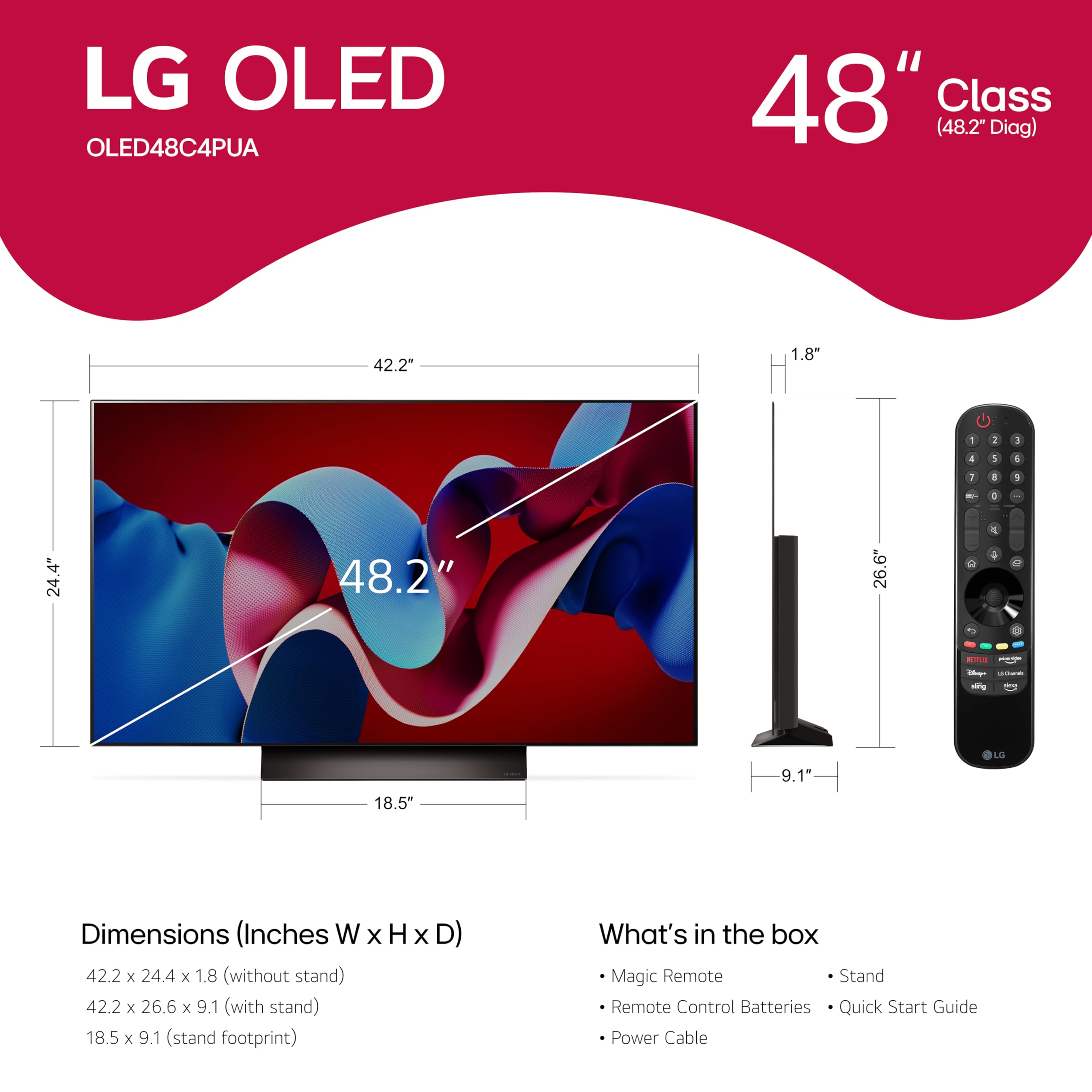 LG OLED48C4PUA 48-Inch 4K Ultra HD Smart OLED TV (2024 Model) - AI-Powered evo C4 Series with Alexa Built-in & Magic Remote - Perfect for Home Theater, Gaming & Streaming - Black