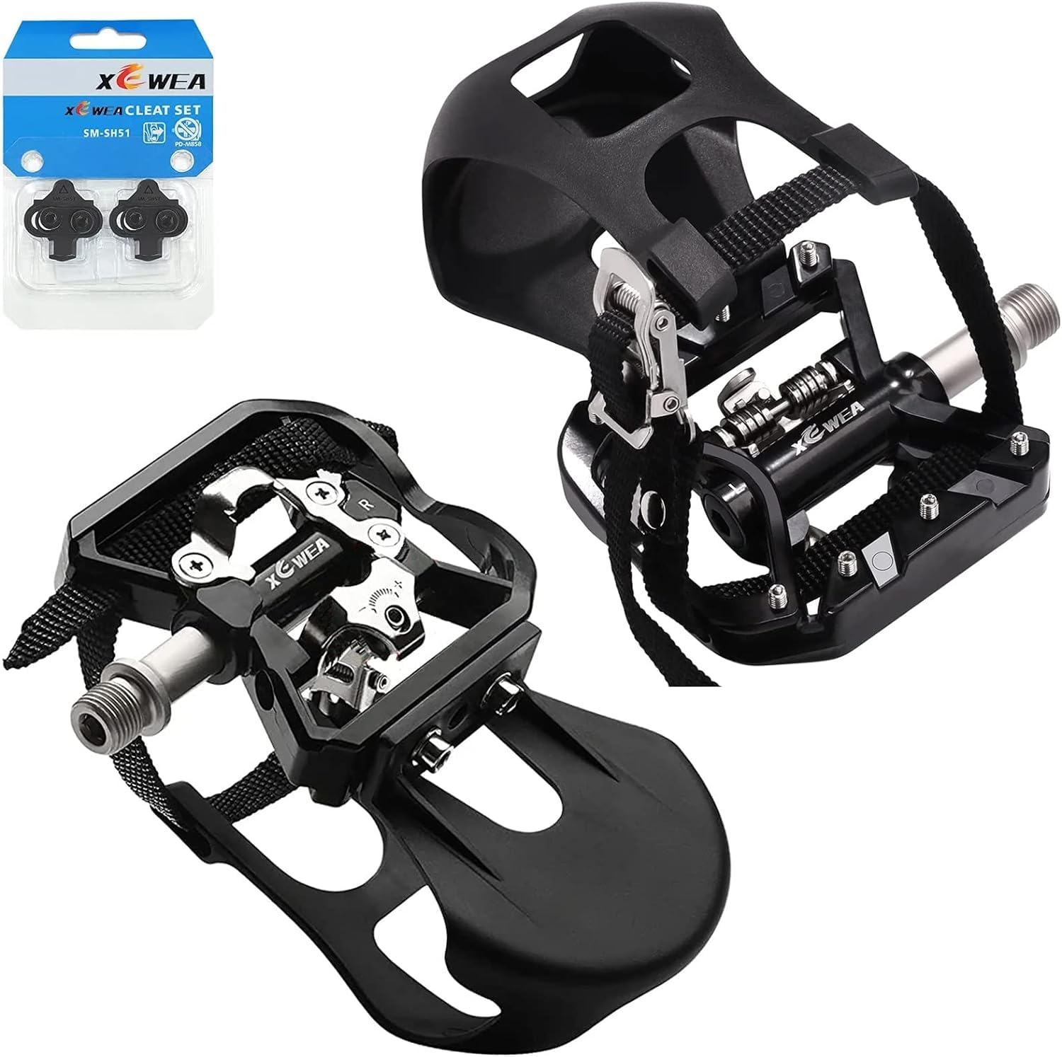 XEWEA SPD Compatible Spin Bike Pedals with Toe Clip Straps - 9/16