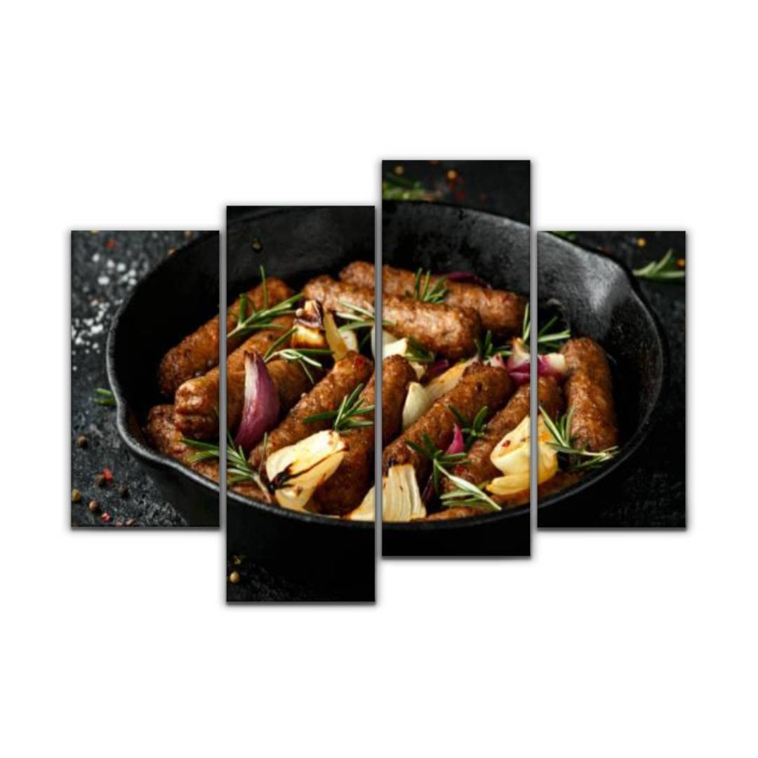 Modern Framed Canvas Wall Art - Rosemary & Onion Vegan Sausage Cooking Scene - 4 Panel Kitchen Decor for Home, Office & Restaurant - Ready to Hang Gift for Vegetarian Food Lovers (Perfect for Dining Room, Cafe or Culinary-Themed Spaces)
