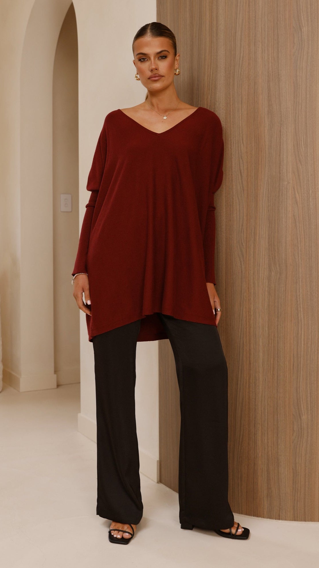 Amalia Knit Top Women's Burgundy V-Neck Long Sleeve Casual Blouse for Work & Everyday Wear