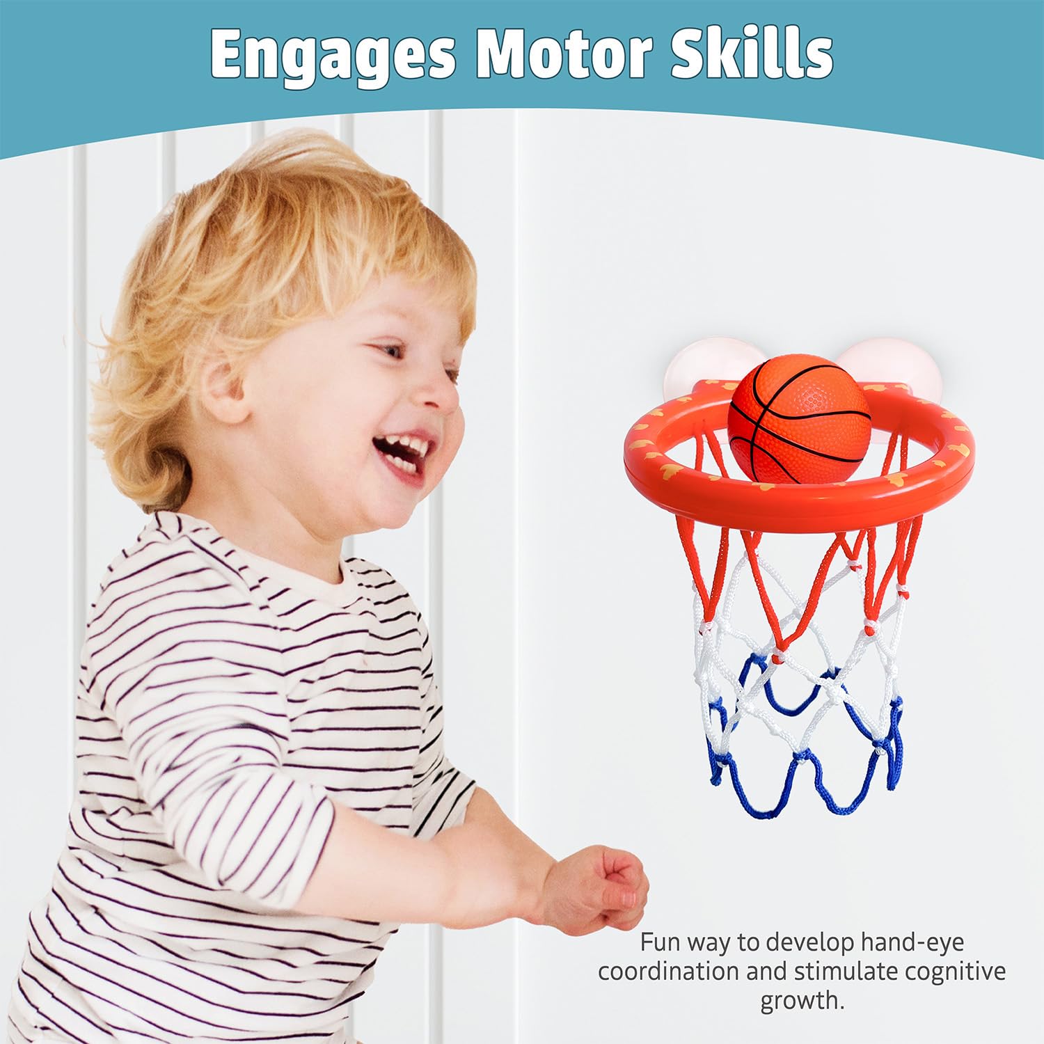 **Bathtub Basketball Hoop for Toddlers & Kids - 4 Soft Balls, Mold-Free & Strong Suction Cup - Fun Bath Shooting Game Toy for Boys & Girls - Perfect for Bathtime Play & Indoor Activity**
