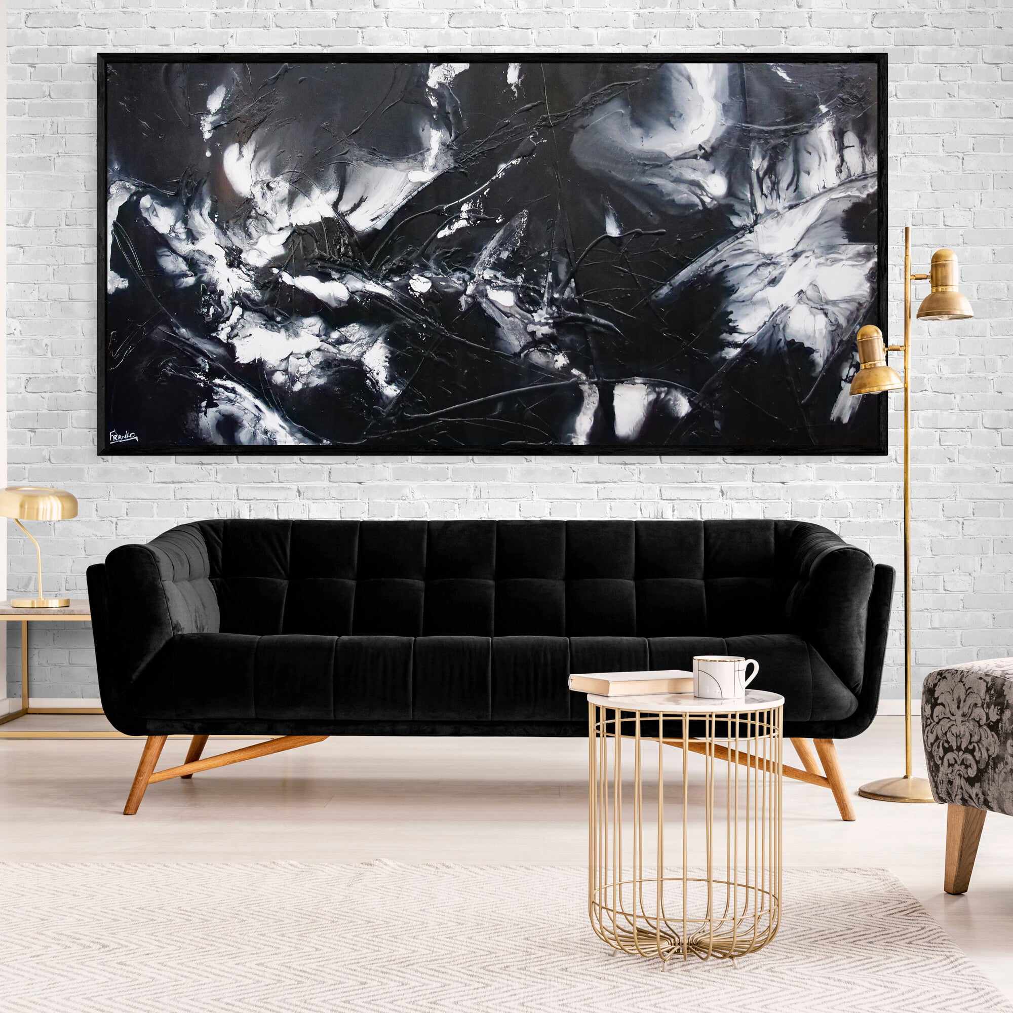 Raw Black Ice 240cm x 120cm Black White Textured Abstract Canvas Art - Modern Wall Decor for Living Room, Office & Bedroom